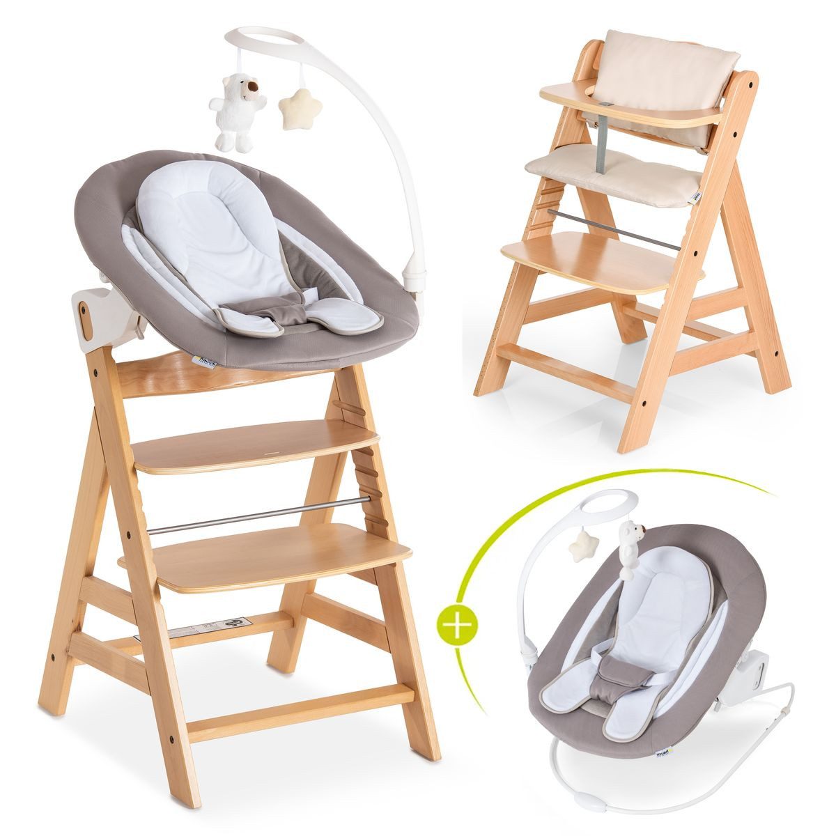 Hauck Hochstuhl Alpha Plus Newborn Set Deluxe - Natur, Holz Babyhochstuhl ab Geburt inkl. Neugeborenenaufsatz & Sitzauflage