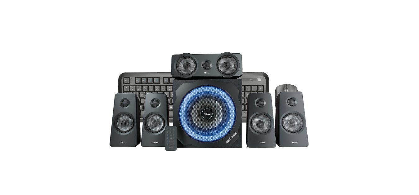 Trust GXT 658 Tytan schwarz PC-Lautsprecher 5.1 (90 W, Kabellose Fernbedienung mit Batterie, Surround Sound, Subwoofer aus Holz, blauer LED-Ring im Lautsprecher reagiert auf die Bassleistung)