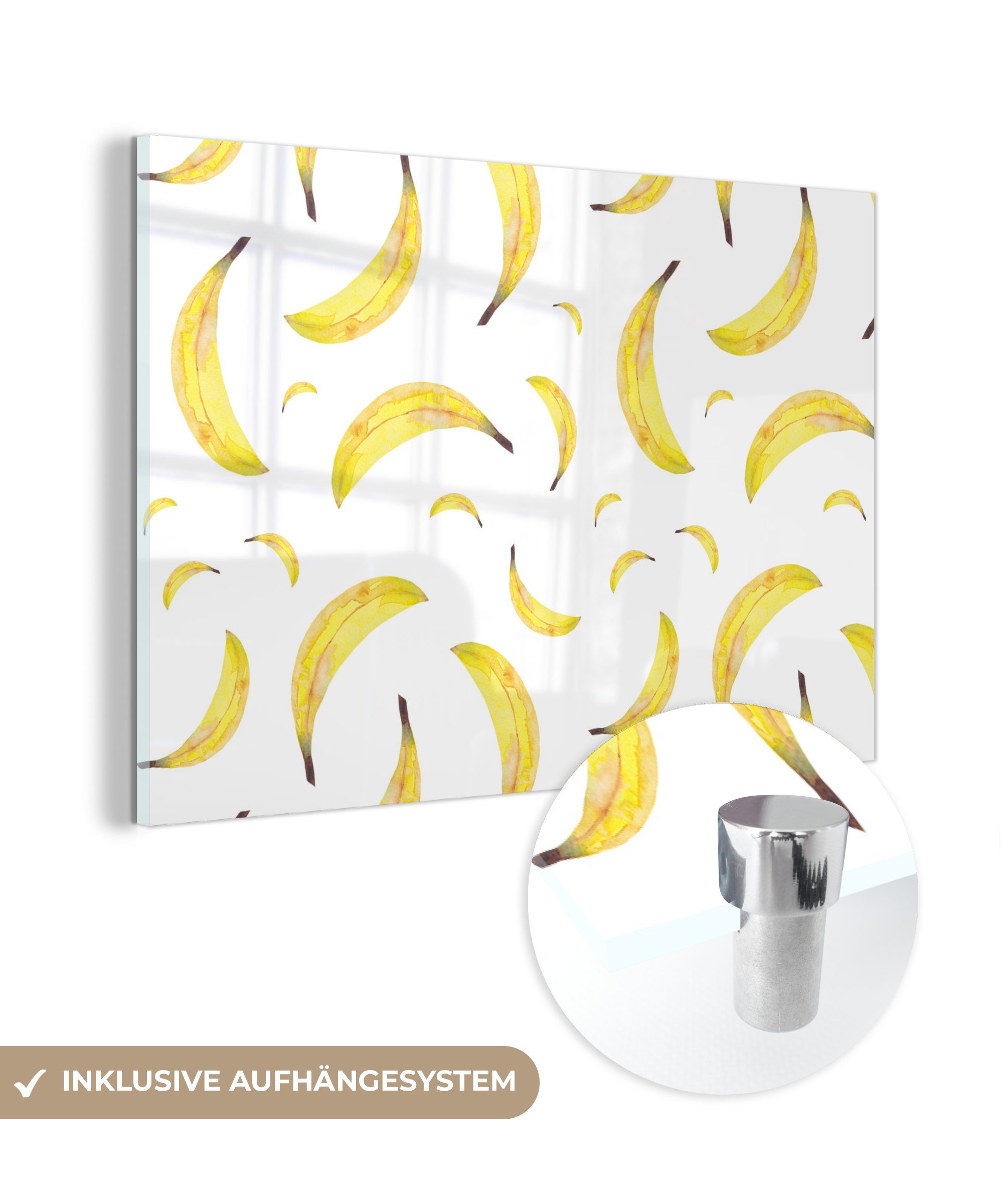 MuchoWow Acrylglasbild Bananen - Obst - Weiß, (1 St), Glasbilder - Bilder auf Glas Wandbild - Foto auf Glas - Wanddekoration