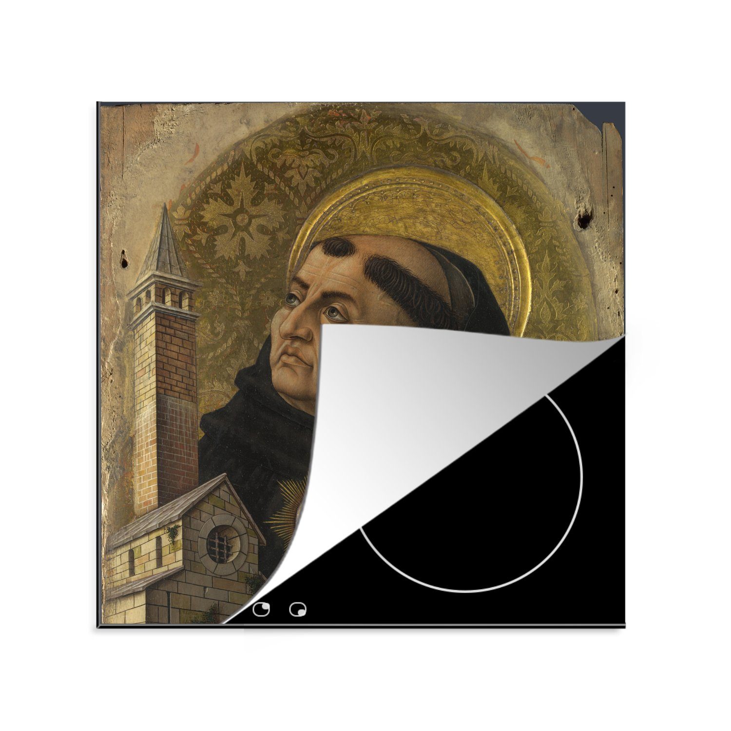 MuchoWow Herdblende-/Abdeckplatte Der Heilige Thomas von Aquin - Carlo Crivelli, Vinyl, (1 tlg), 78x78 cm, Ceranfeldabdeckung, Arbeitsplatte für küche