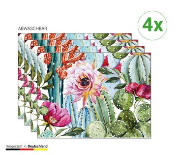 Platzset, Tischset, Platzset abwaschbar - Tropische Blüten mit Kakteen - 4 Stück aus erstklassigem Vinyl (Kunststoff) 40 x 30 cm, Tischsetmacher, (4-St)