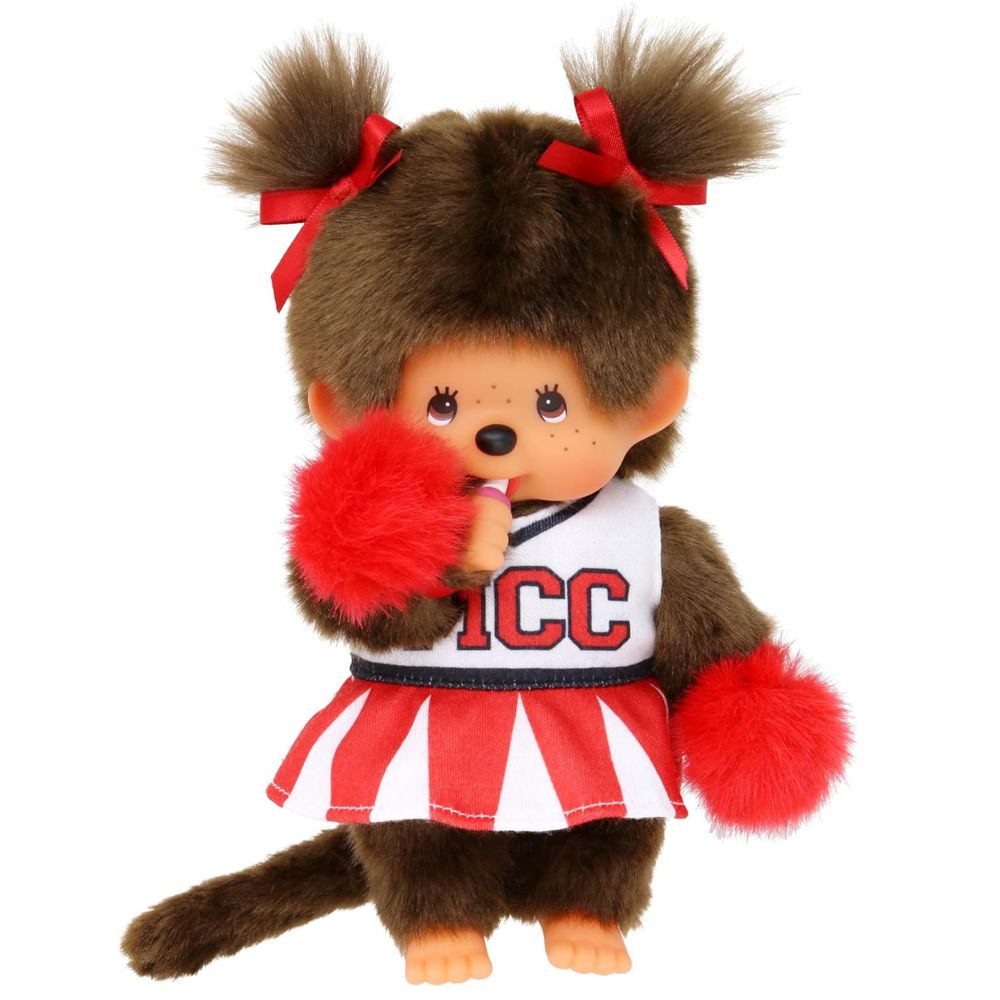 Monchhichi Plüschfigur Mädchen im Cheerleader-Kleid 20 cm Monchhichi Puppe zwei Zöpfchen