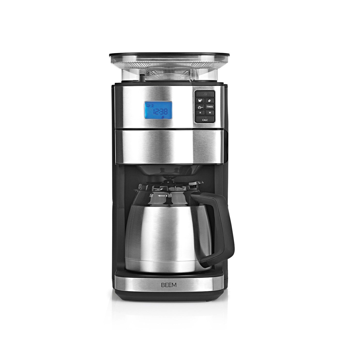 BEEM Filterkaffeemaschine, 1.25l Kaffeekanne, Permanentfilter, Korbfiltertüten, Thermokanne und 24h Timer Kegelmahlwerk | Filterkaffeemaschinen