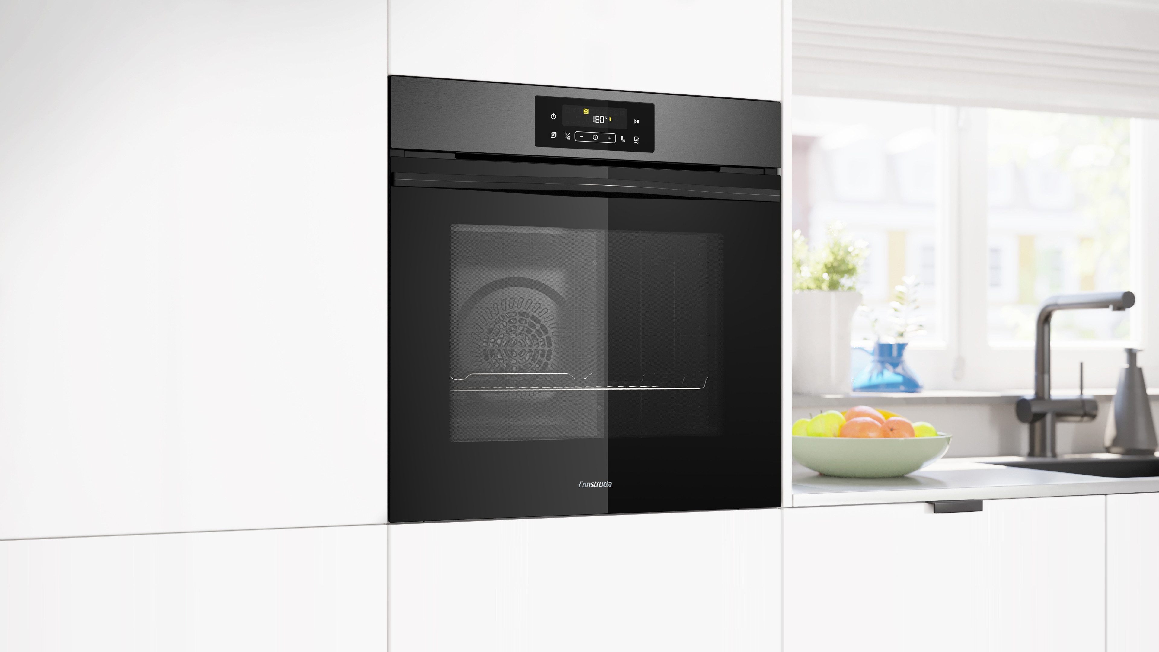 Constructa Einbaubackofen CF3M28083, mit Teleskopauszug nachrüstbar, Trendiges Black Steel Glasdesign und Air Fry Heizart inklusive