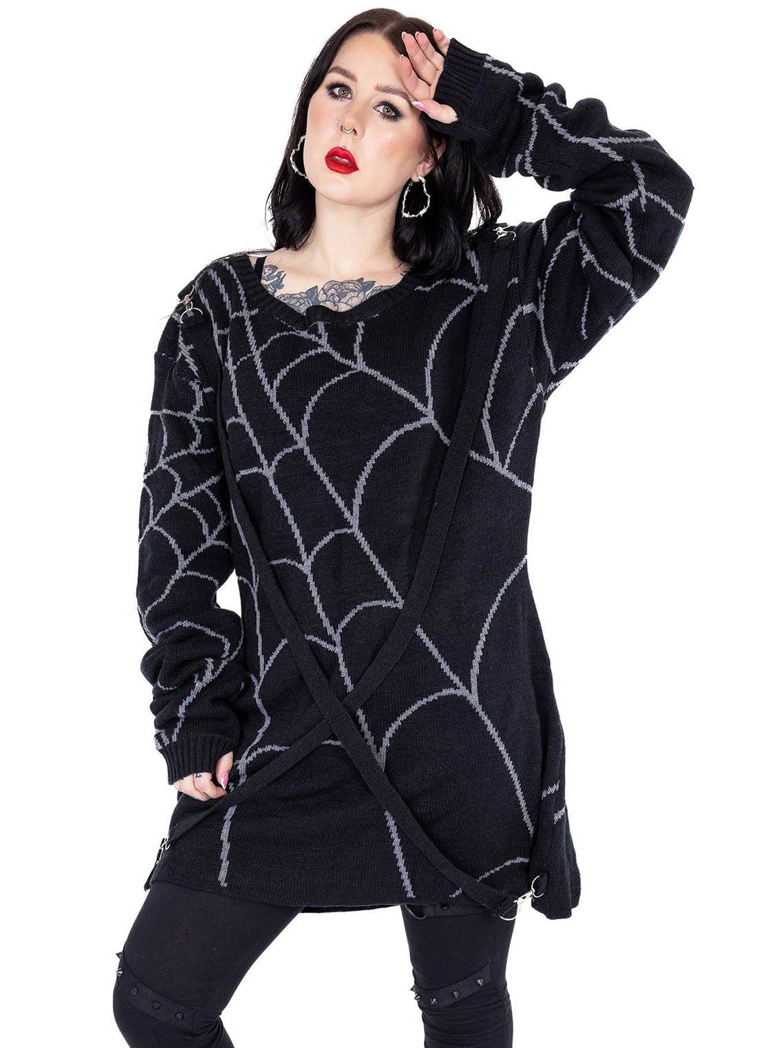 Heartless Strickpullover Spider Web Jumper Gothic Riemen Spinnennetz Sweater