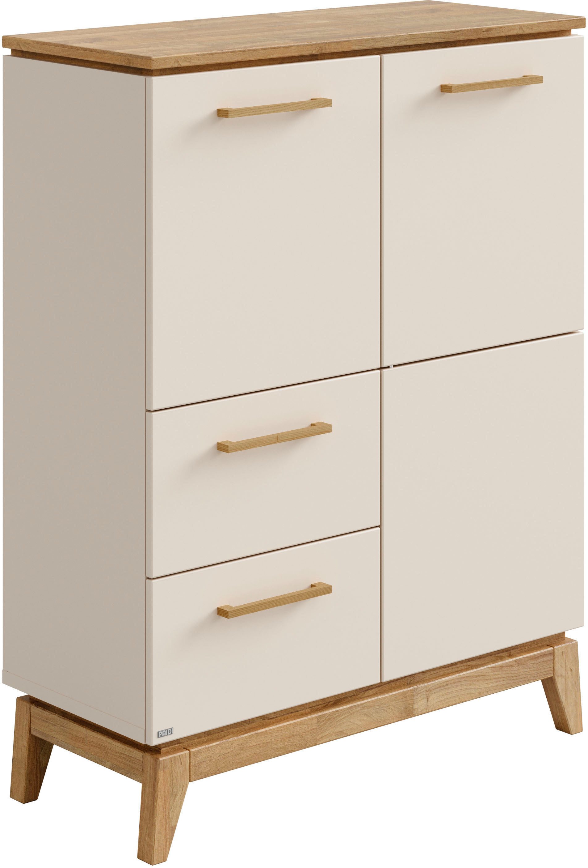 PAIDI Highboard STIENE in Beige oder Grau, 2 Schubladen und 2 Türen mit Soft-Close (B/H/T ca. 95/123/40cm), stabiles Regal mit Massivholz, Standregal, geprüfte Qualität