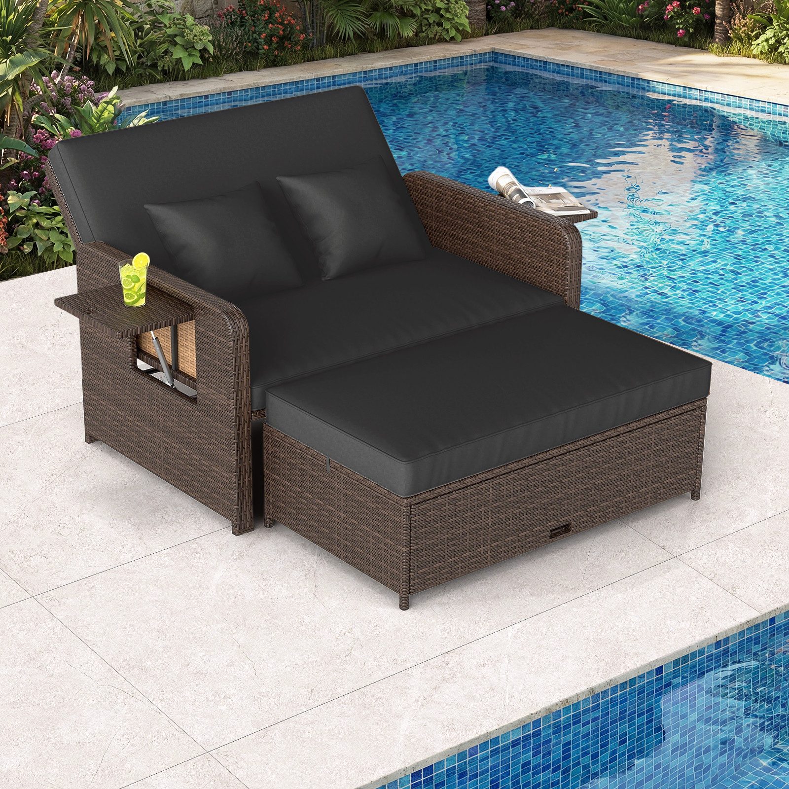COSTWAY Loungebett, Rattan, 2-Personen, 3 in 1, mit verstellbarer Rückenlehne