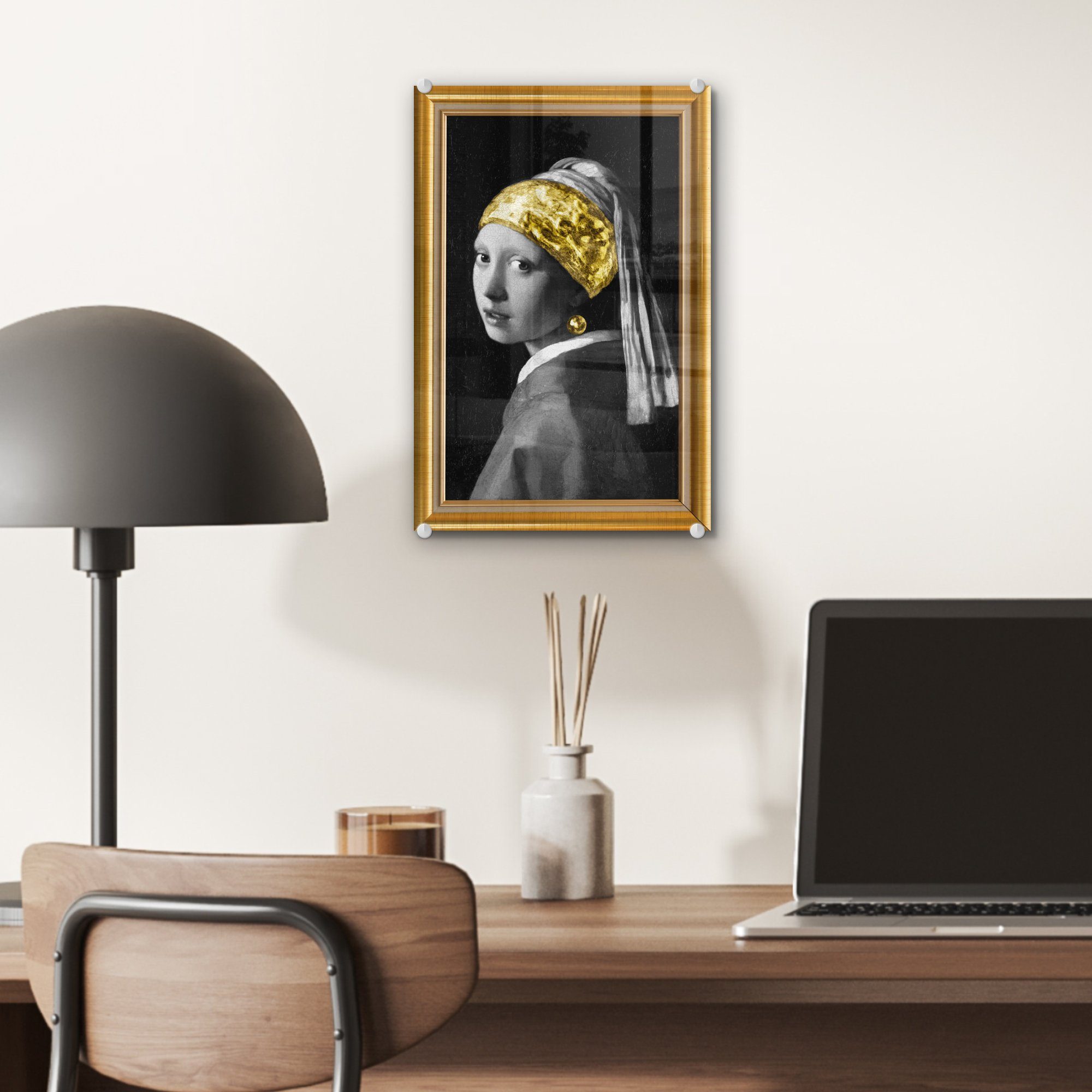 Gold - MuchoWow Vermeer - Perlenohrring Glas Acrylglasbild (1 St), Mädchen Rahmen, auf - - auf mit Bilder Glas Wanddekoration Foto - Glasbilder - Wandbild