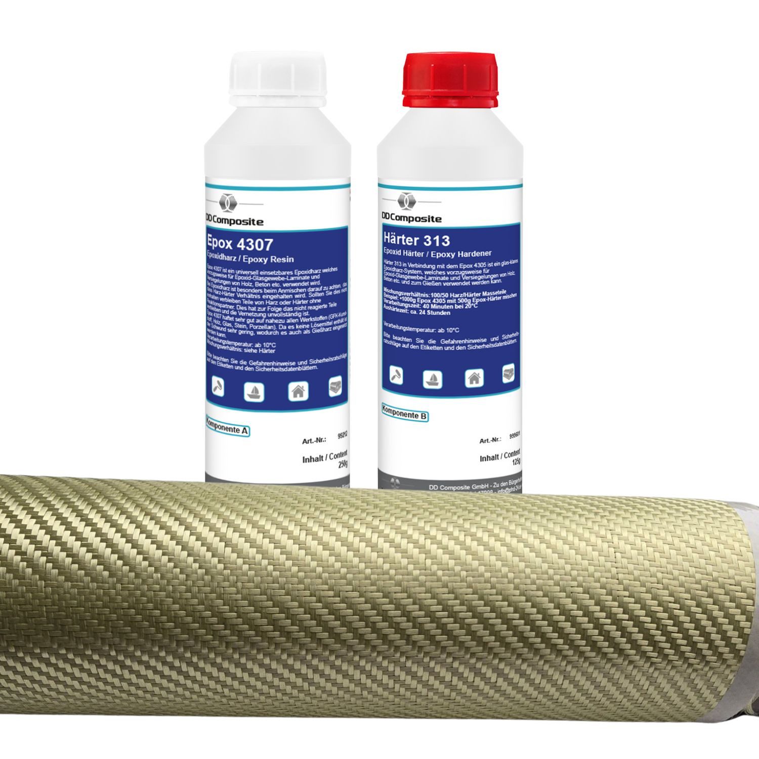 DD Composite Reparatur-Set 375g GFK Epoxidharz + 1m² Aramidgewebe 170g/m² Köper, 3-St.
