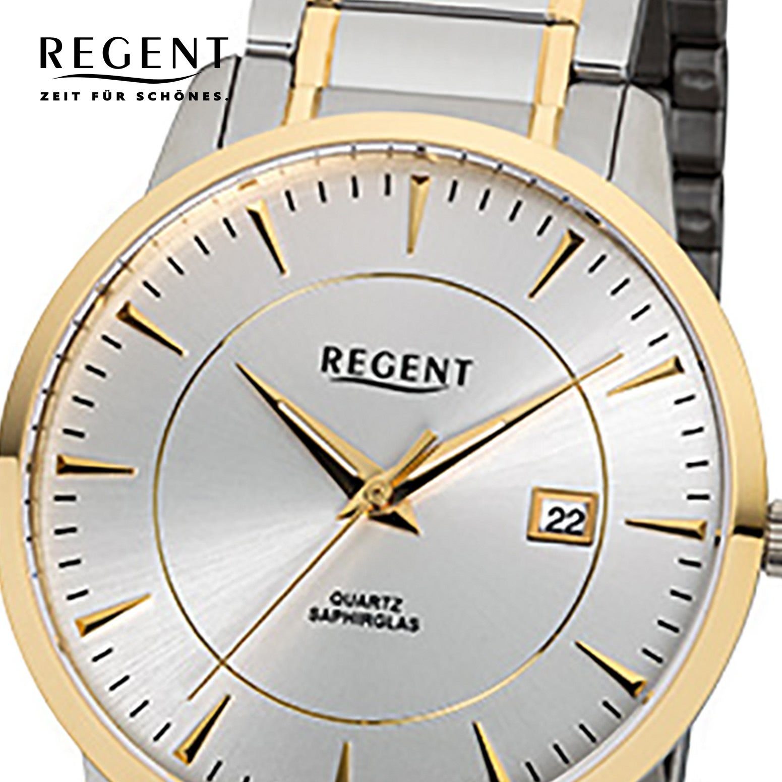Regent Quarzuhr Regent Herren-Armbanduhr silber gold, Herren Armbanduhr  rund, mittel (ca. 39mm), Edelstahlarmband, extra flach