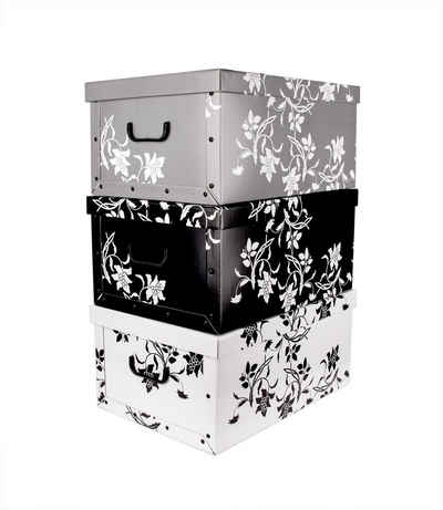 BigDean Aufbewahrungsbox »XXL 3er Set je 45 Liter − mit Deckel & Griffen − aus stabiler Pappe − verschiedene Farben im Barock−Blumenmuster − perfekt für Ordnung im ganzen Haus«