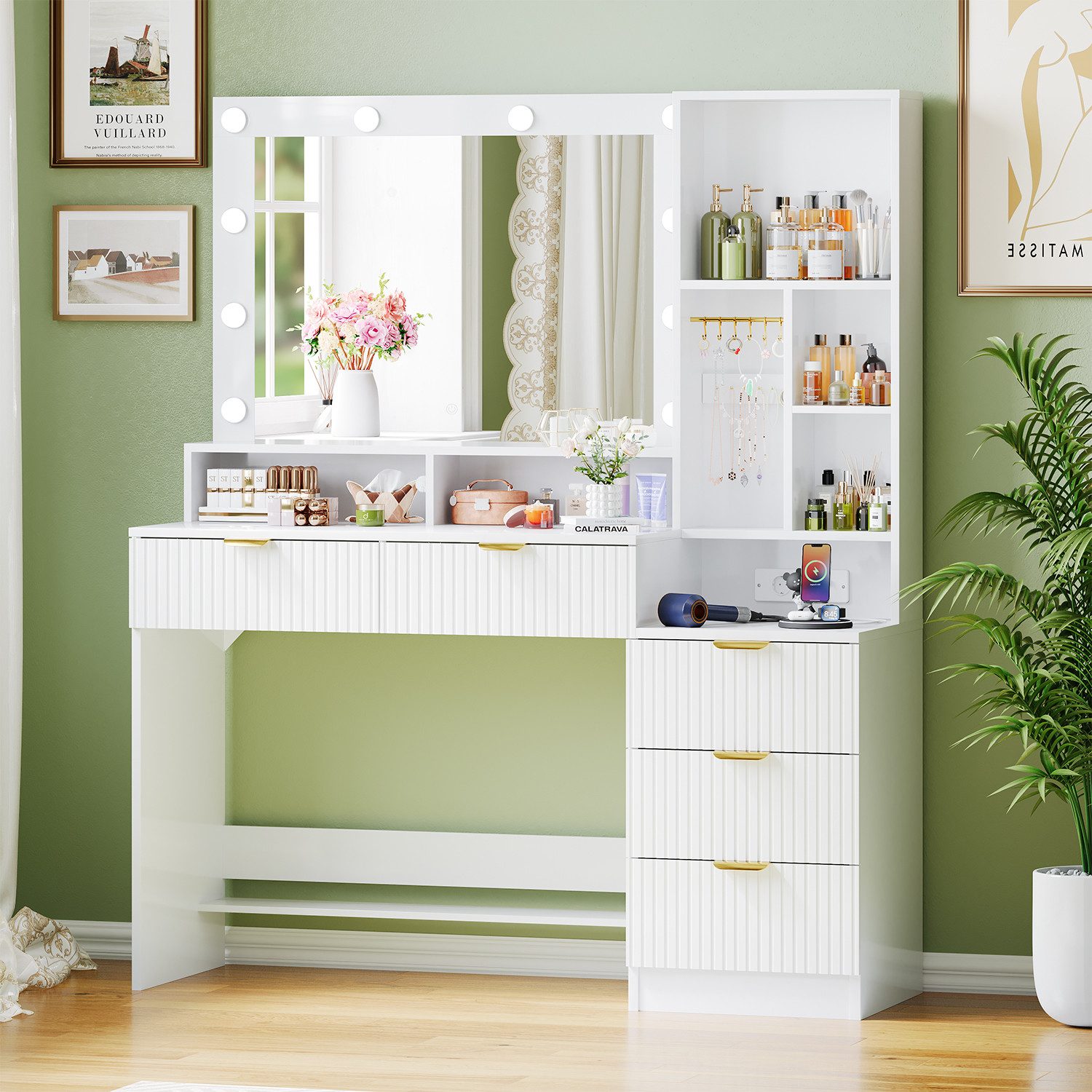 Furnicopia Schminktisch Einstellbare LED-Beleuchtung Fünf Schubladen und si günstig online kaufen