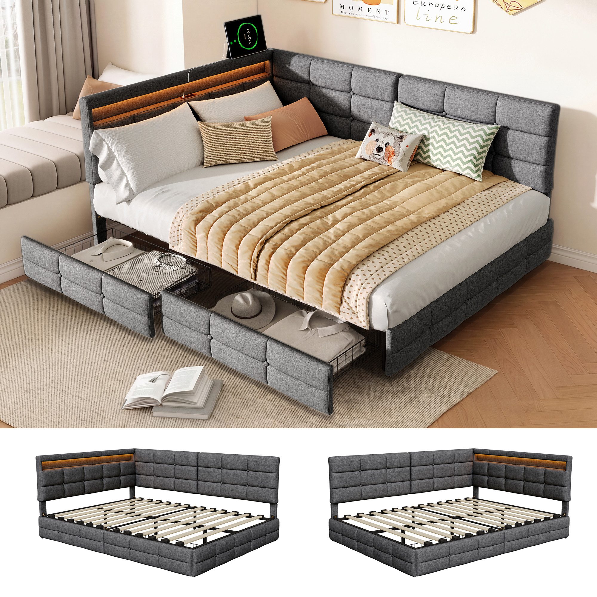 ADWOLT Schlafsofa Daybett Polsterbett Mit LED-Licht und USB-Anschluss, Set 1 Teile, 140x190 cm,Mit 2 Schubladen,Leinenstoff-Grau – Bild 4 von 5