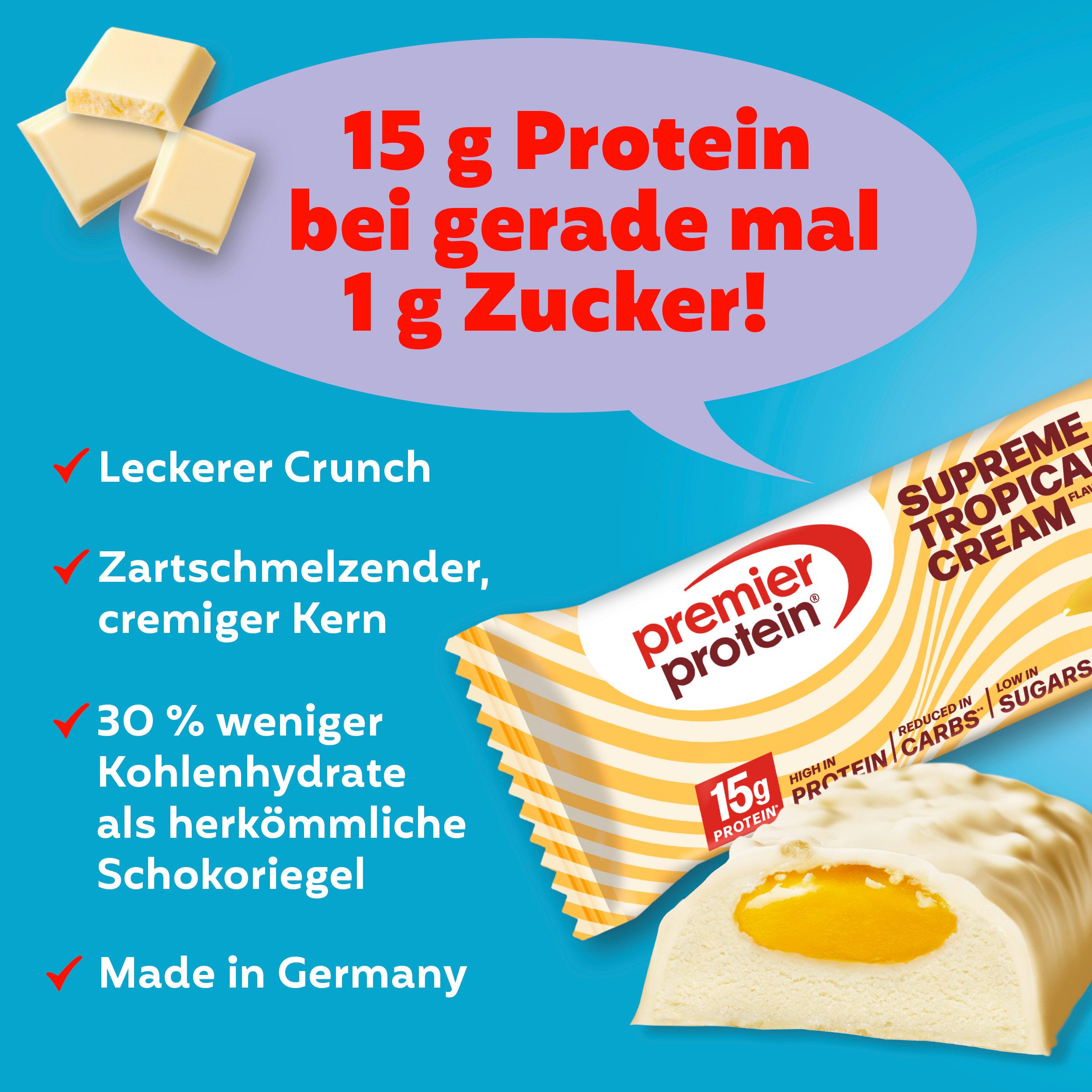 Premier Protein Premier Protein Supreme Bar Tropical Cream 12x42g Low Sugar palmölfrei Riegel, 12 St.