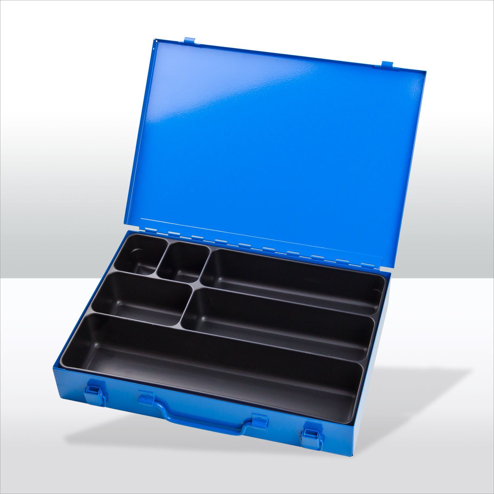 5x33x23cm, Werkzeugkoffer PROREGAL® HxBxT Spannverschluss Himmelblau 6 Stahlblechkästen Fächer, mit Blau