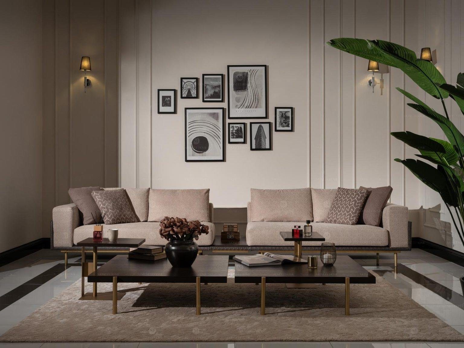 JVmoebel Wohnzimmer-Set Luxus Wohnzimmer Europa Sofa Beige in Beistelltisch 4 Couchtische (4-St., + Set Holz, + 4tlg Beistelltisch), Made Sitzer Couchtische 2x