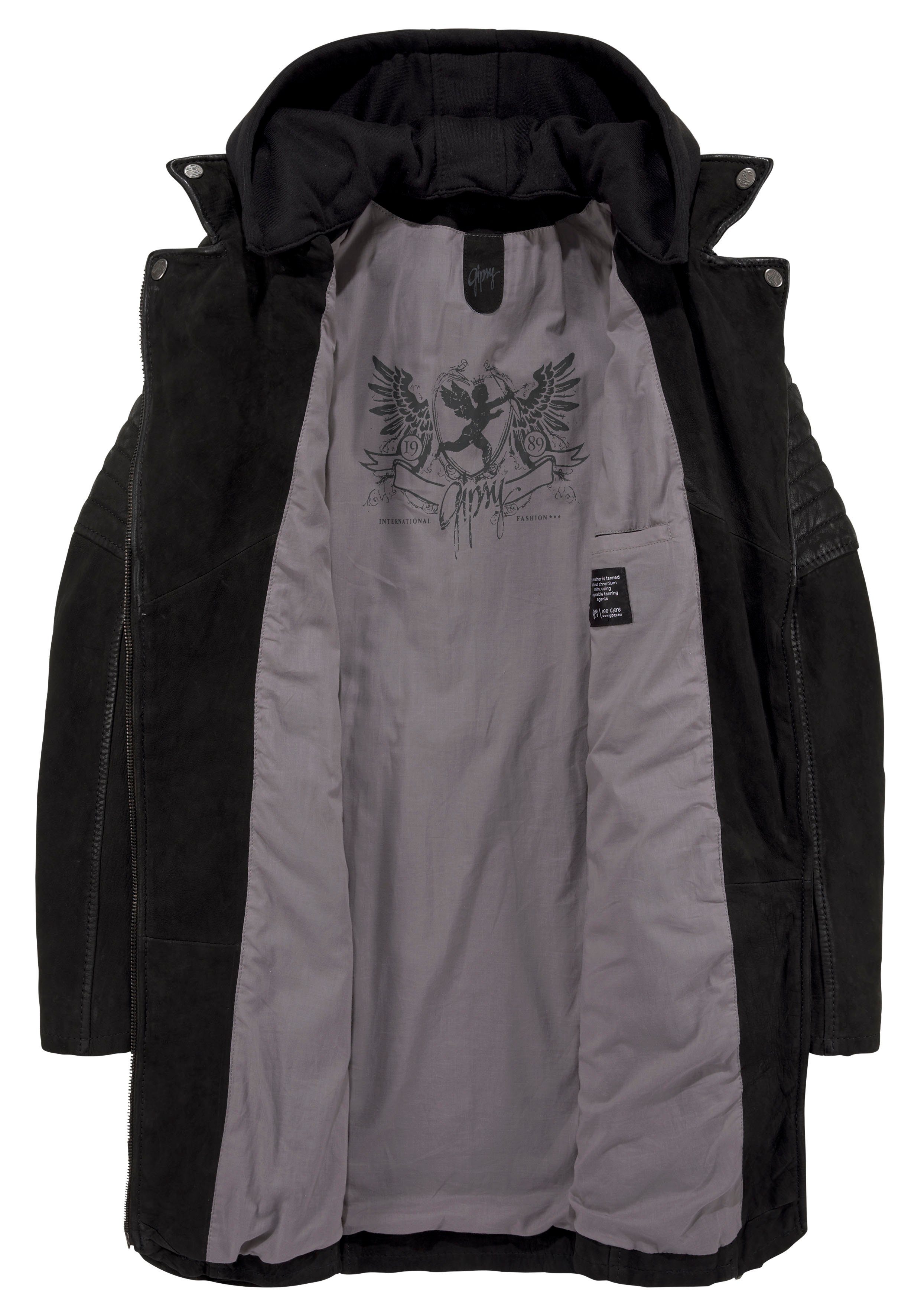 Gipsy Lederjacke CYARA aus abnehmbarem Jerseyqualität schwarz Lederjacke mit Kapuzen-Inlay