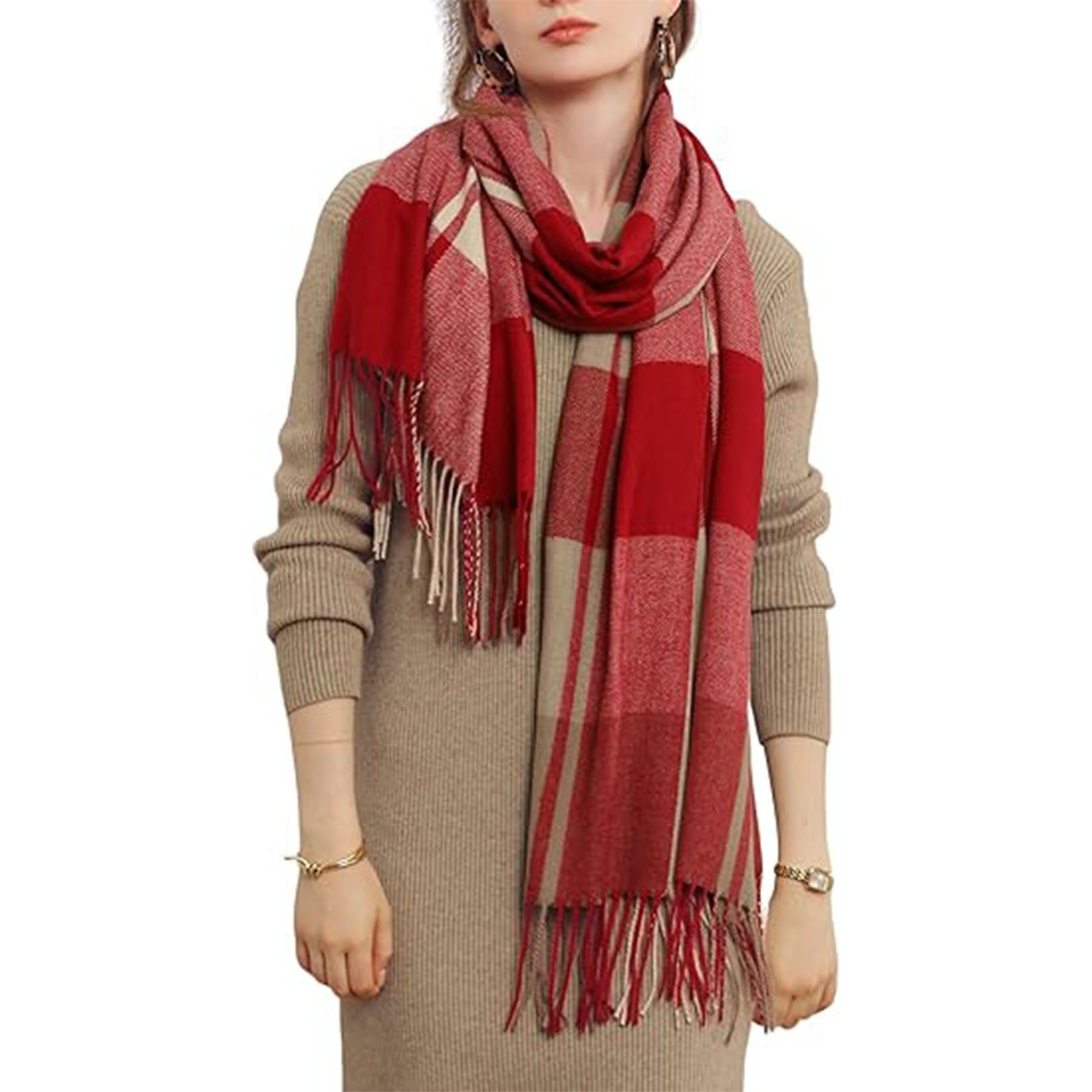 Mutig Wollschal Damen Winter Senior Plaid Kaschmir Schal,übergroßer185*65cm Schal, (Tartan Schultertuch Mit Quasten,Warmer Oversized Poncho,Mischfarbe, Winter Geschenke für Mama, Freundin oder Schwester,Weihnachtsgeschenk), Aus 100 % Kaschmir-Imitat gefertigt, weich, Elegantes Karomuster