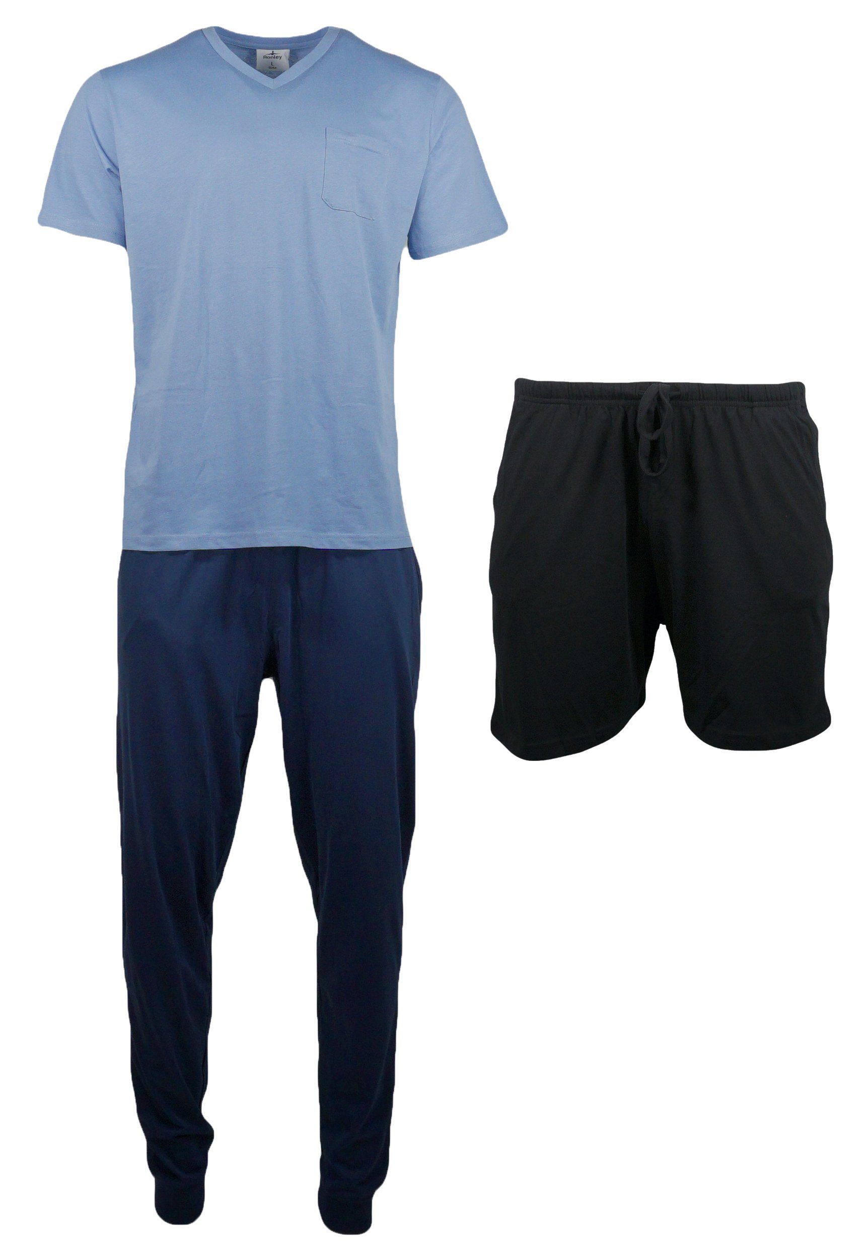 Ronley Schlafanzug 3er Set Herren Pyjama mit Shorts und langer Hose