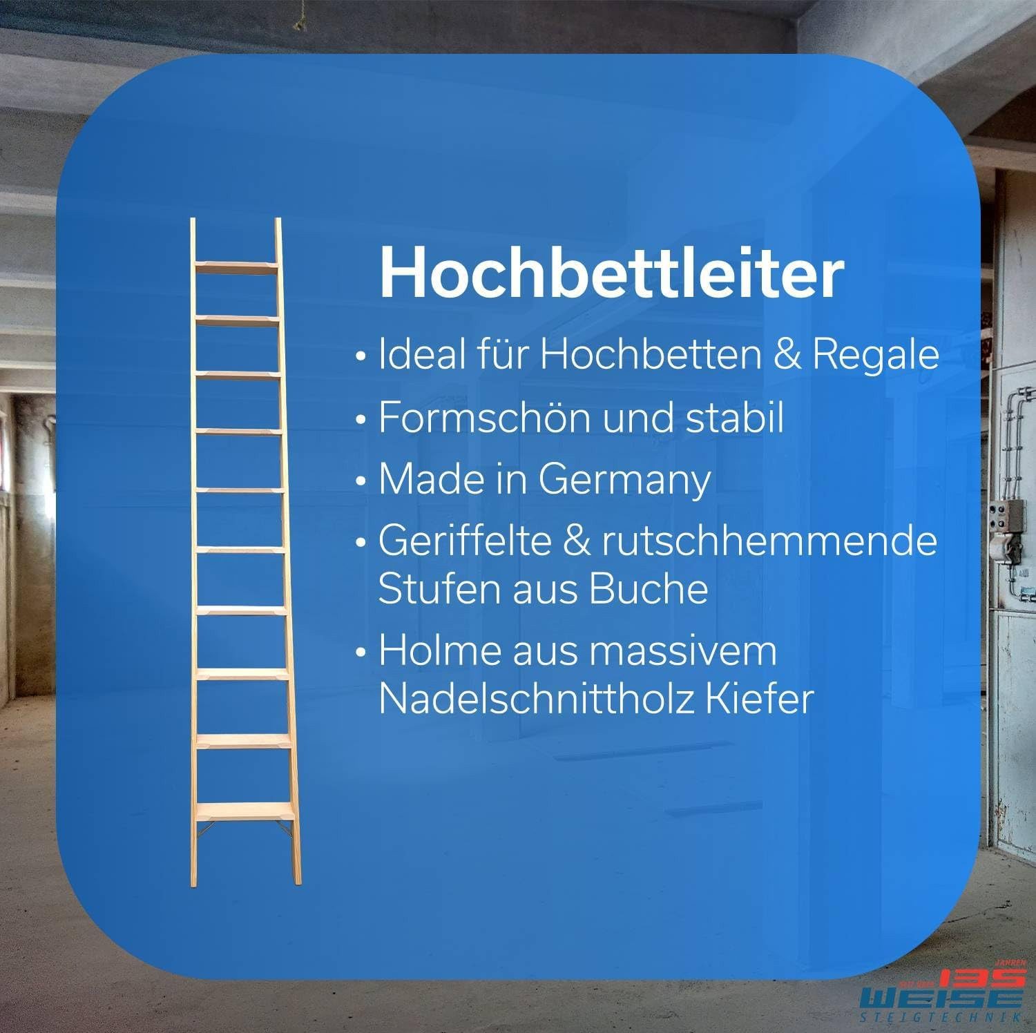 Weise Steigtechnik Anlegeleiter Holz / Hochbettleiter (5 Stufen, bis 150 kg belastbar), trittsichere Stufen, Anlegeleiter für Regale – Bild 5 von 5