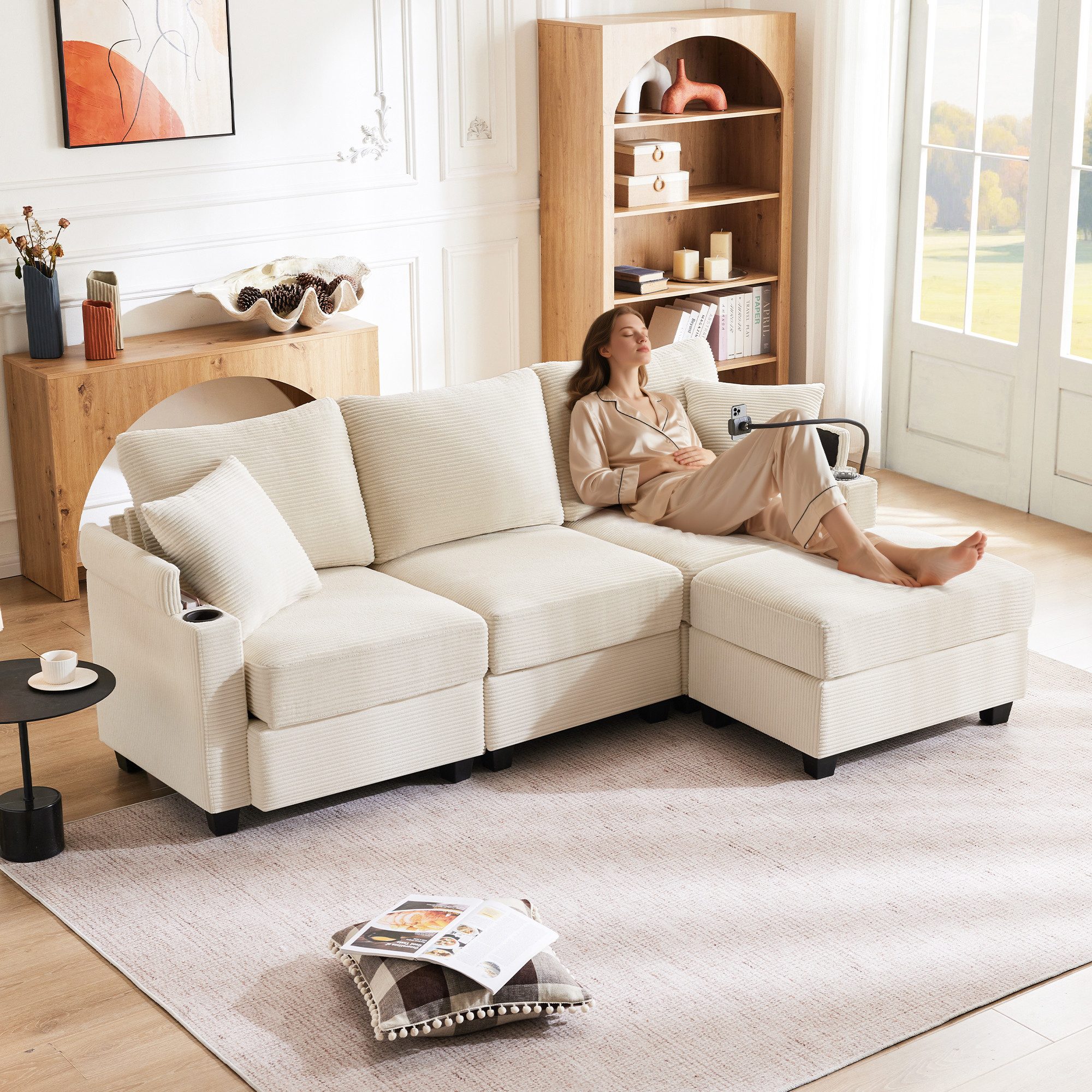 i@home Ecksofa Loungesofa, Modulsofa, 3-Sitzer-Sofa mit Fußhocker, Wandelbares L-Design mit flexiblem Hocker