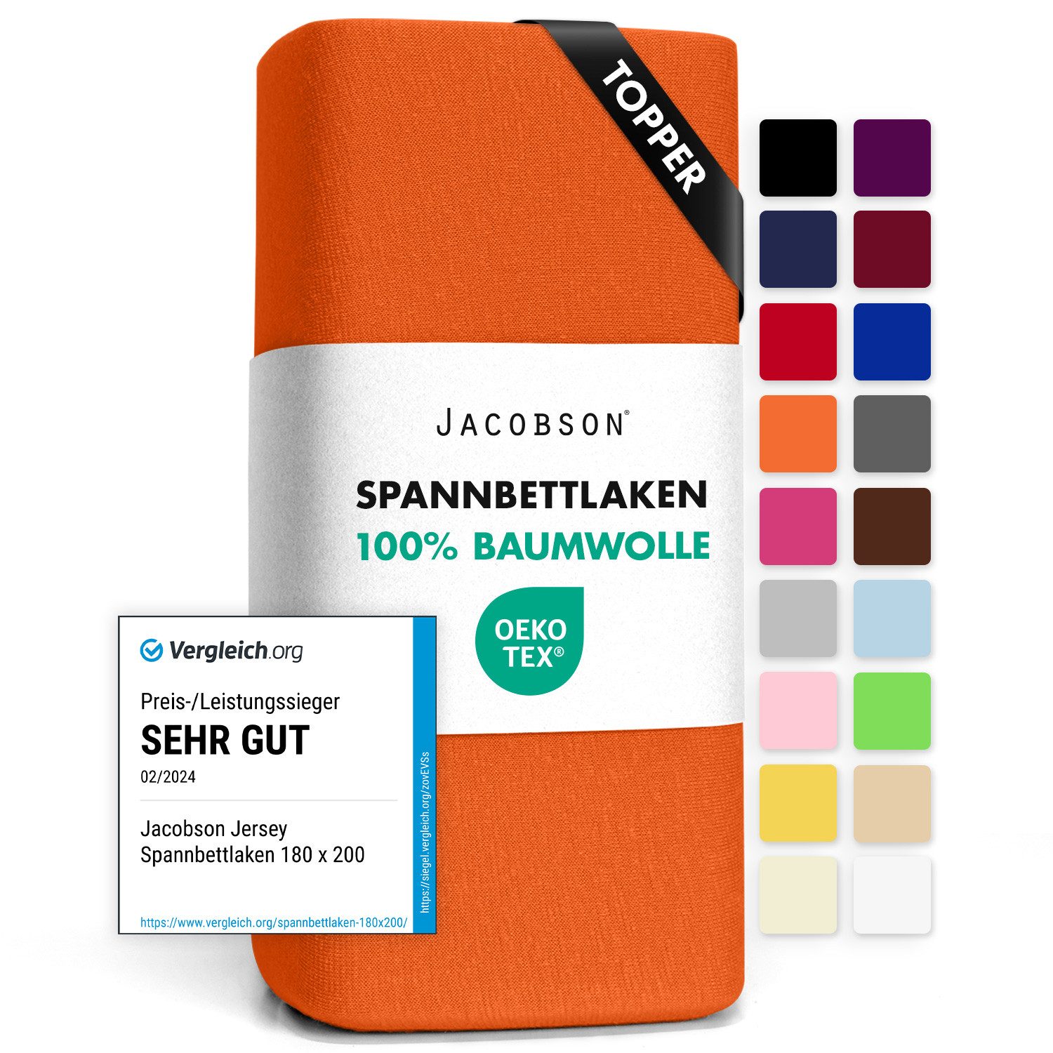Jacobson Spannbettlaken TOPPER aus 100% Baumwolle, Jersey Bettlaken 160 g/m², Spannbetttuch mit Gummizug, OEKO-TEX®, pflegeleicht, viele Farben