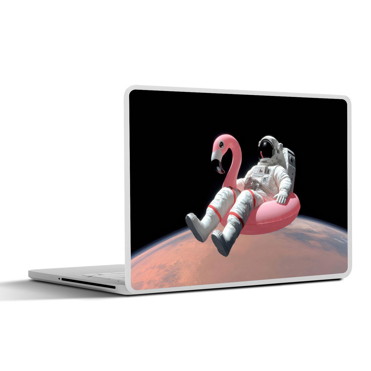 MuchoWow Laptop-Aufkleber Astronaut - Flamingo - Schwimmband - Rosa, (1tlg), Laptop Folien Cover, Aufkleber, Sticker, Schutz vor Kratzern, 30x21 cm