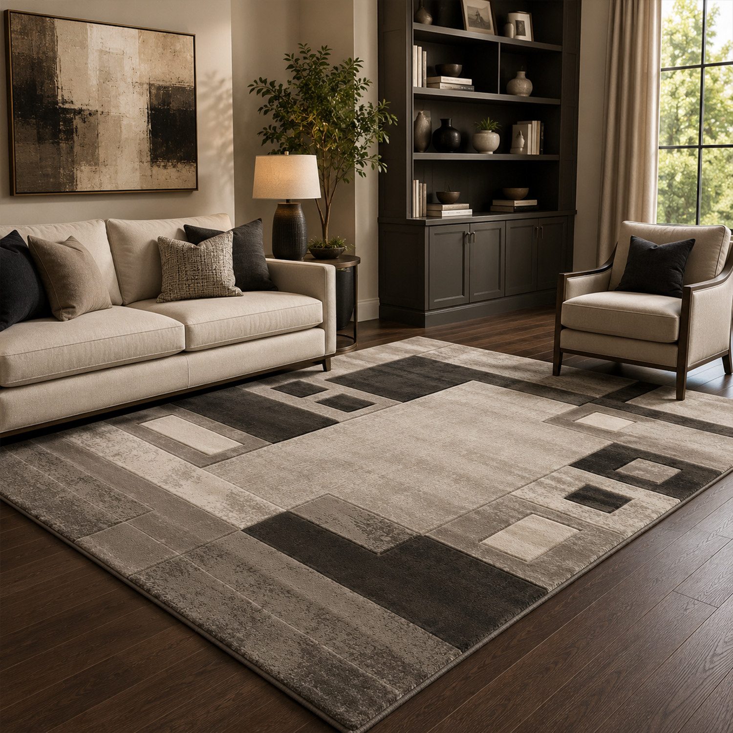 Vimoda Teppich Wohnzimmer Kariert mit Farbverlauf und Konturenschnitt Grau & Braun, Rechteckig, Höhe: 12 mm, Hochwertiger, karierter Wohnzimmerteppich mit definiertem Schnitt