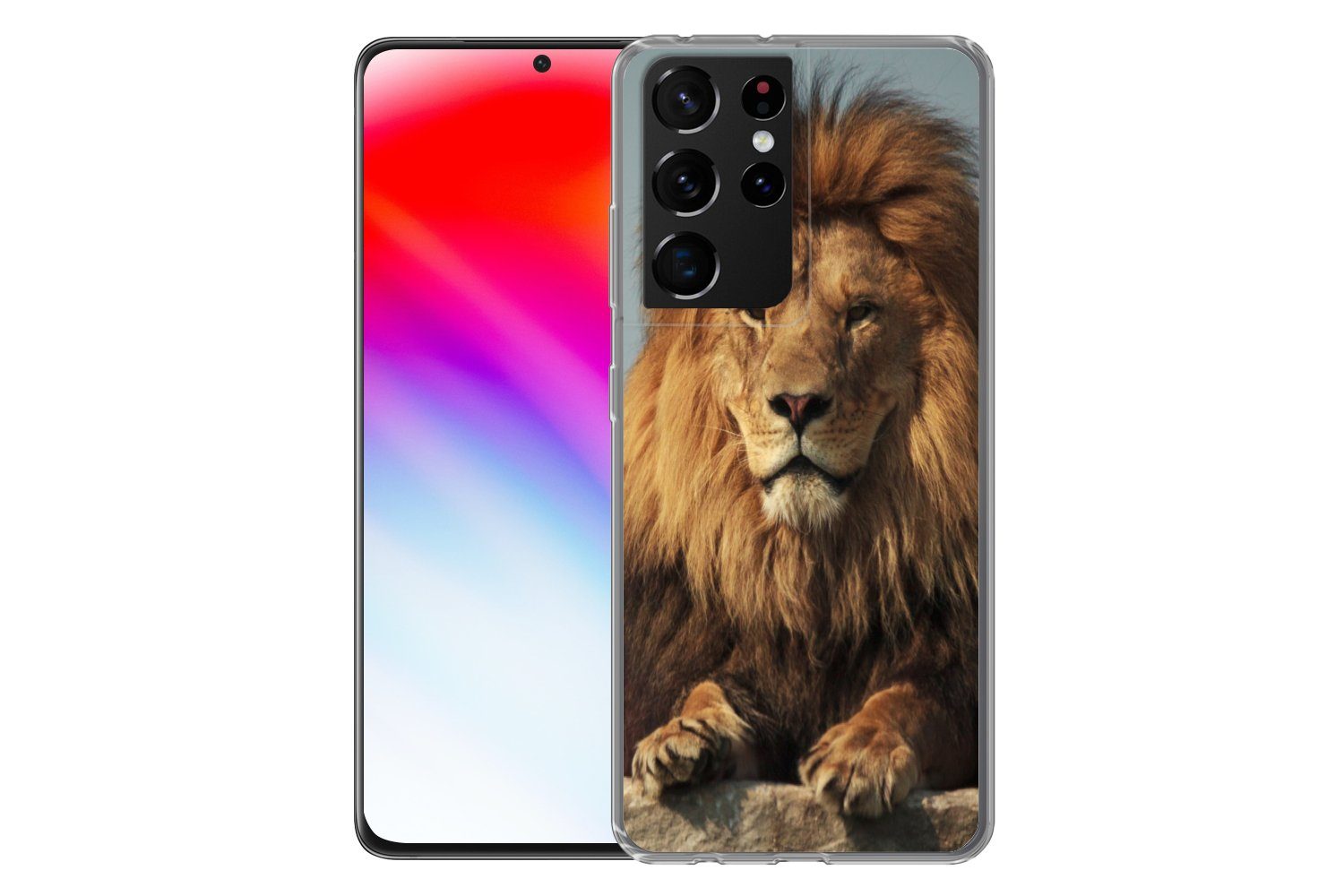 MuchoWow Handyhülle für Samsung Galaxy S21 Ultra Löwe - Felsen - Porträt, Phone Case, Silikon, Schutzhülle Dünn