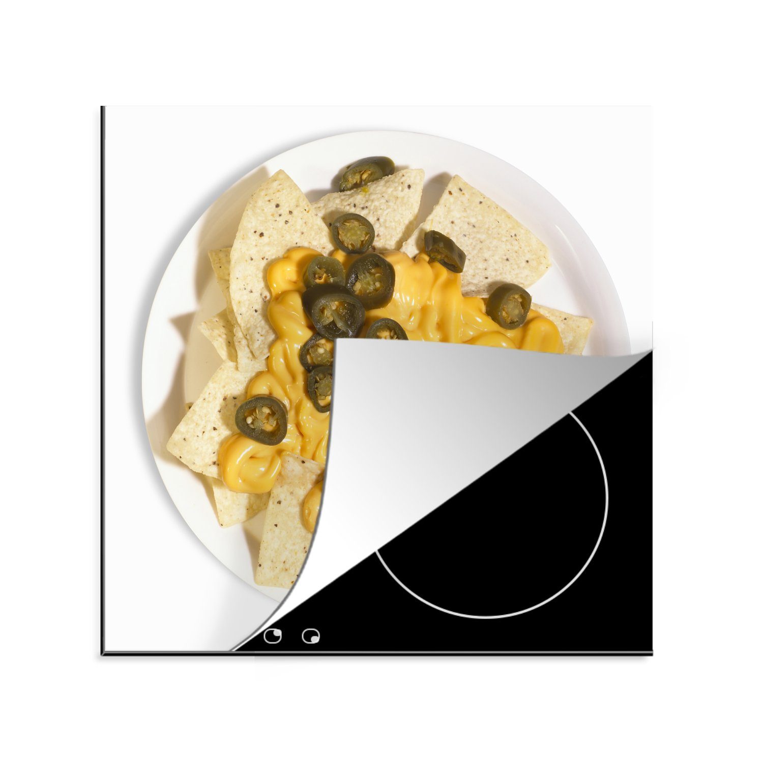 MuchoWow Herdblende-/Abdeckplatte Nachos mit Jalapeño-Paprika, Vinyl, (1 tlg), 78x78 cm, Ceranfeldabdeckung, Arbeitsplatte für küche