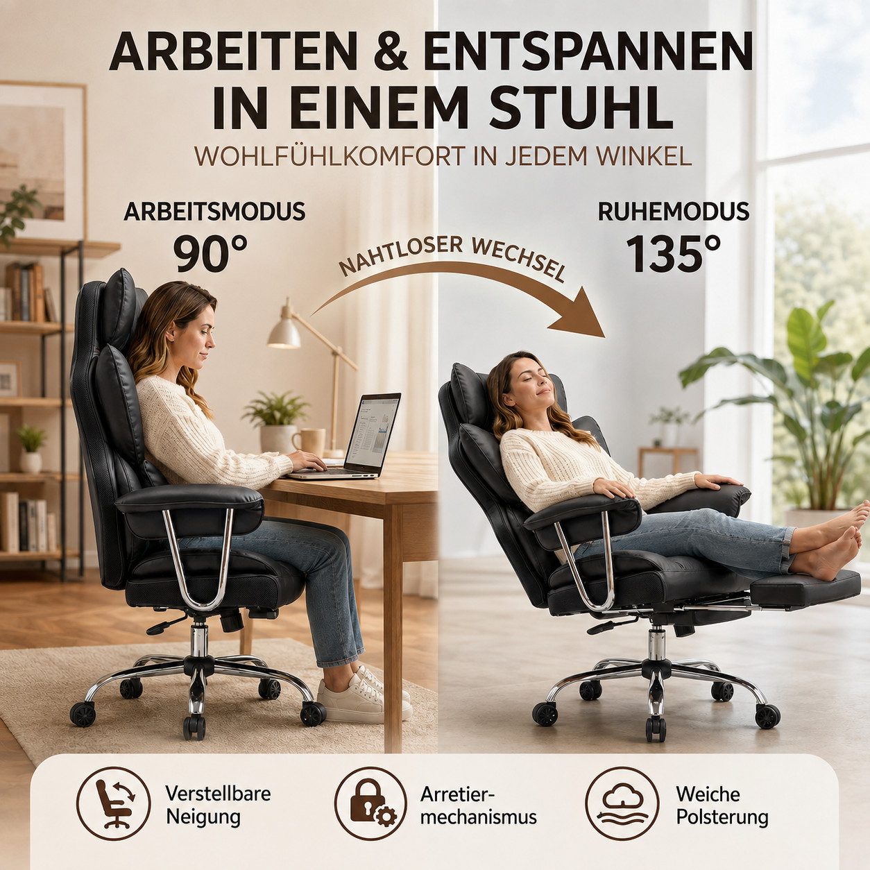 EFOMAO Chefsessel Ergonomischer Executive, PU-Kunstleder Bürodrehstuhl, Hochlehnen mit Fußstütze & Lordosenstütze