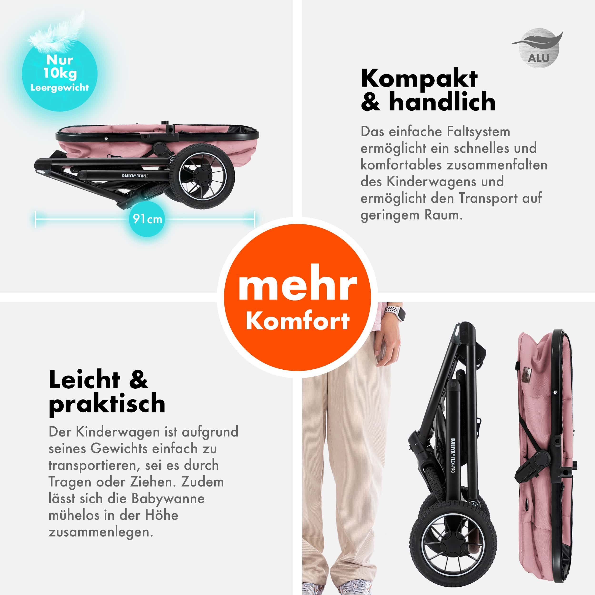 Daliya® Kombi-Kinderwagen FLEXI-PRO 2in1 Kinderwagen & Buggy, Reisekinderwagen, XXL Set, (10-tlg), modernes Design, Alu-Rahmen, Gummireifen, abnehmbare Gurte, U – Bild 5 von 5