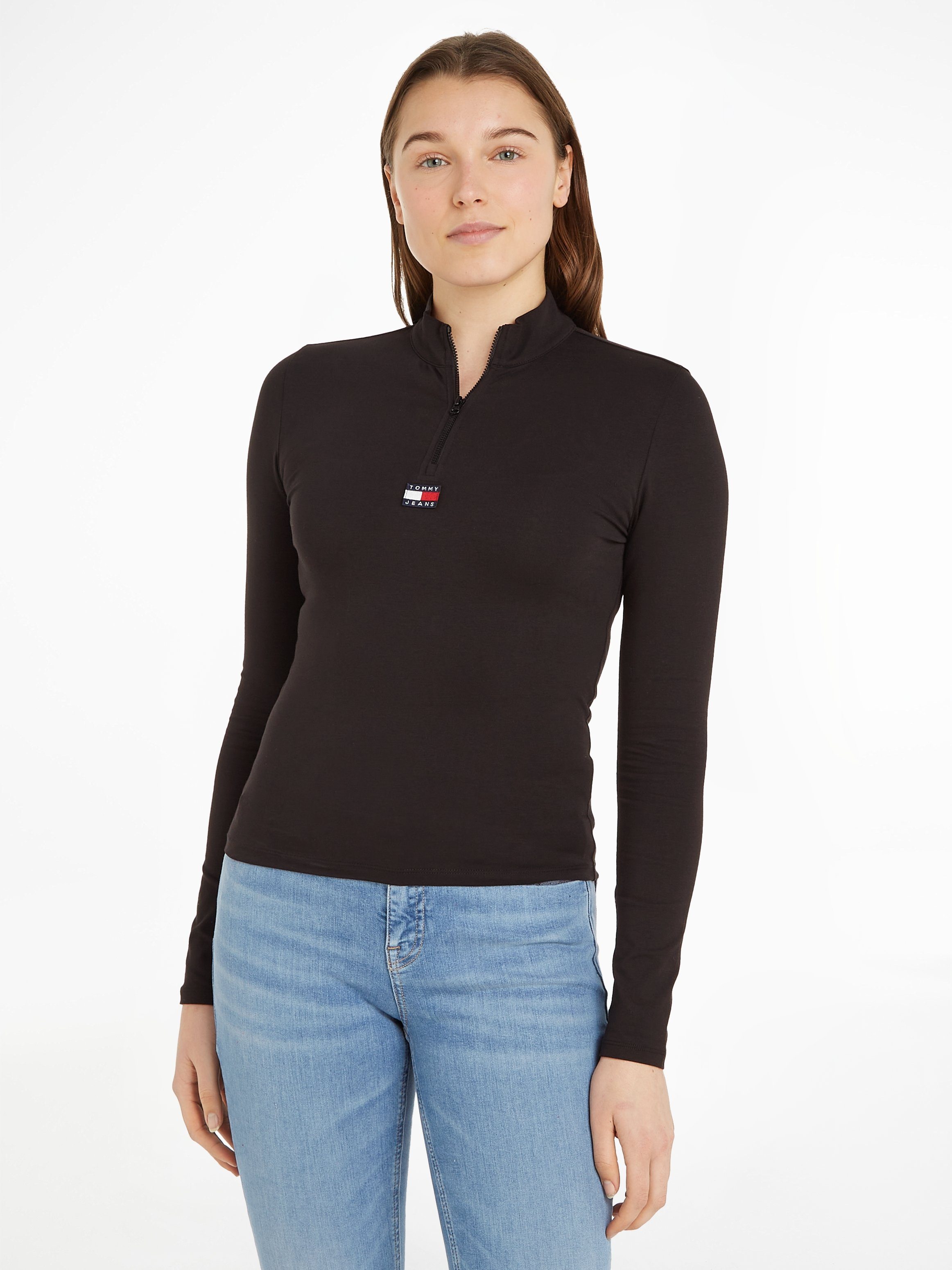 売れ筋商品|||トミーヒルフィガー Tシャツ レディース トップス TJW XS BADGE 1/4 ZIP MOCKNECK  - Long sleeved top - black Tommy Jeans TJW XS BADGE 1/4 ZIP MOCKNECK - Long sleeved top