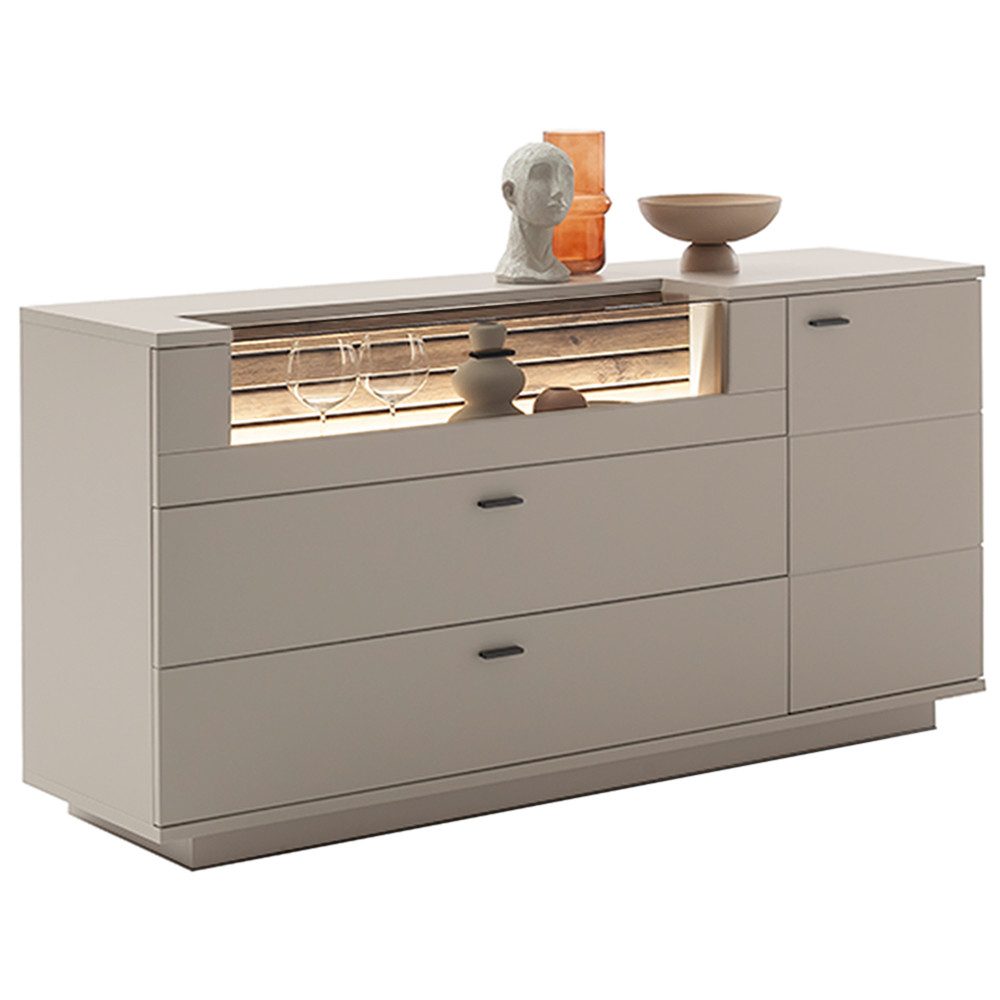 Lomadox Sideboard LIEZEN-05, grau mit Eiche, Breite 165cm, inkl. Beleuchtung