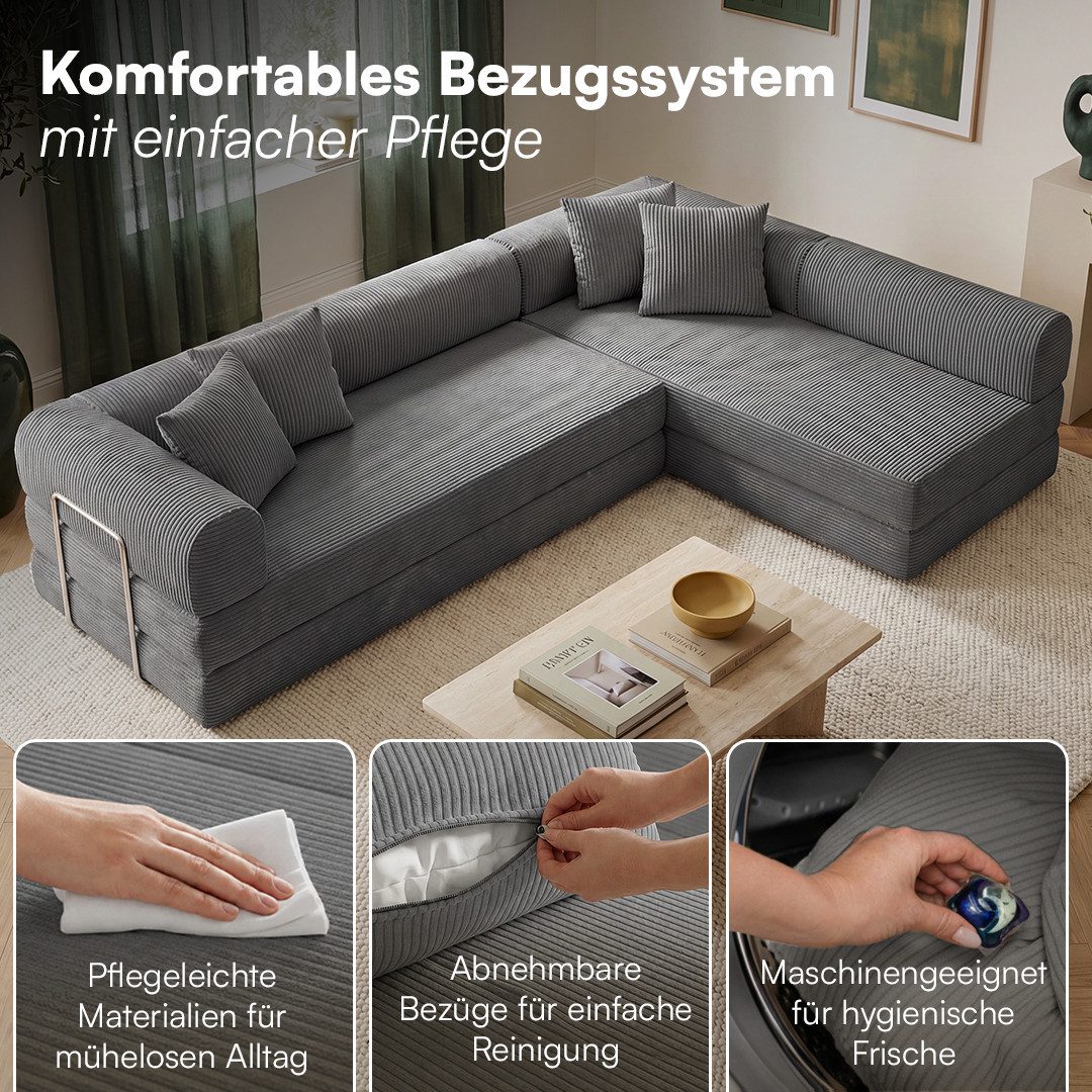 skølm Sofa & Sessel Lofn aus Vollschaum Cord, umwandelbar zum Schlafsofa/-Sessel, Dunkelgrau, Ecksofa 300 cm breit, 4 Sitzer, kein Aufbau erforderlich, vakuumie – Bild 5 von 5