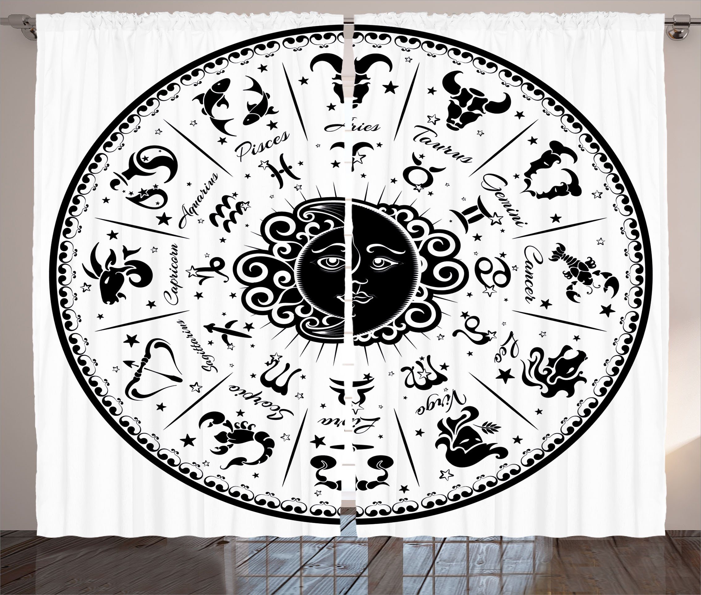 Gardine Schlafzimmer Kräuselband Vorhang mit Schlaufen und Haken, Abakuhaus, Astrologie Schwarz Weiß Zodiac