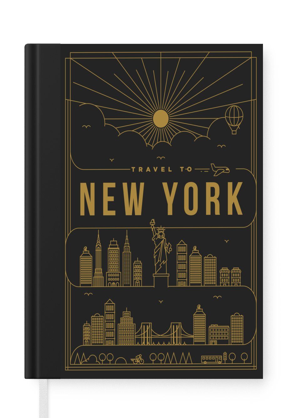 MuchoWow Notizbuch New York - Skyline - Schwarz - Gold, Journal, Merkzettel, Tagebuch, Notizheft, A5, 98 Seiten, Haushaltsbuch