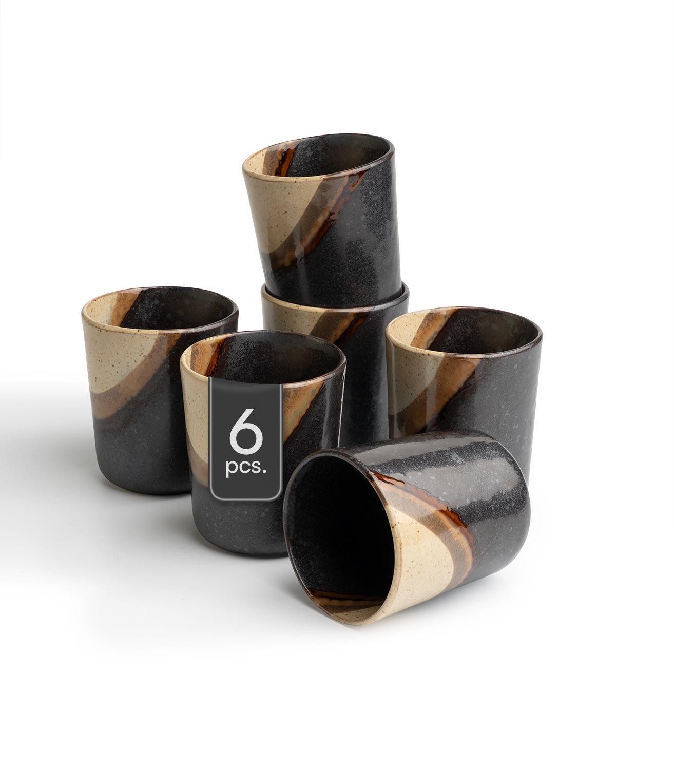 Becher Kaffeebecher, 350 ml, Schwarz, Braun, matt, 6-tlg., Keramik, ohne Henkel