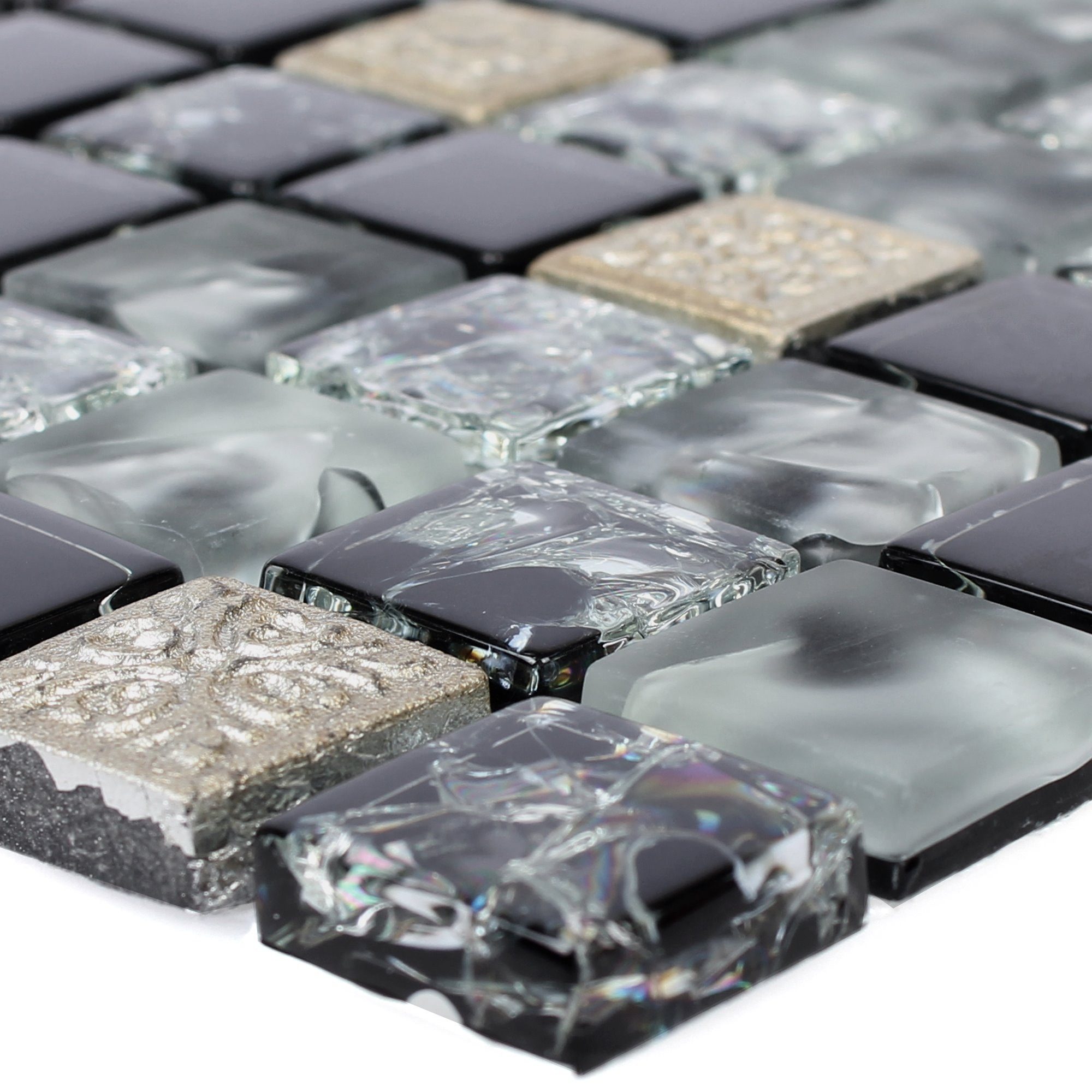 Mosafil Mosaikfliesen Glas Resin Mosaikfliesen Bogardus Schwarz Mix, Naturstein-Resin-Glas 30.000x30.000, schwarz-grau-silber, Verlegefertig auf ein Netz geklebt - Wasserfest