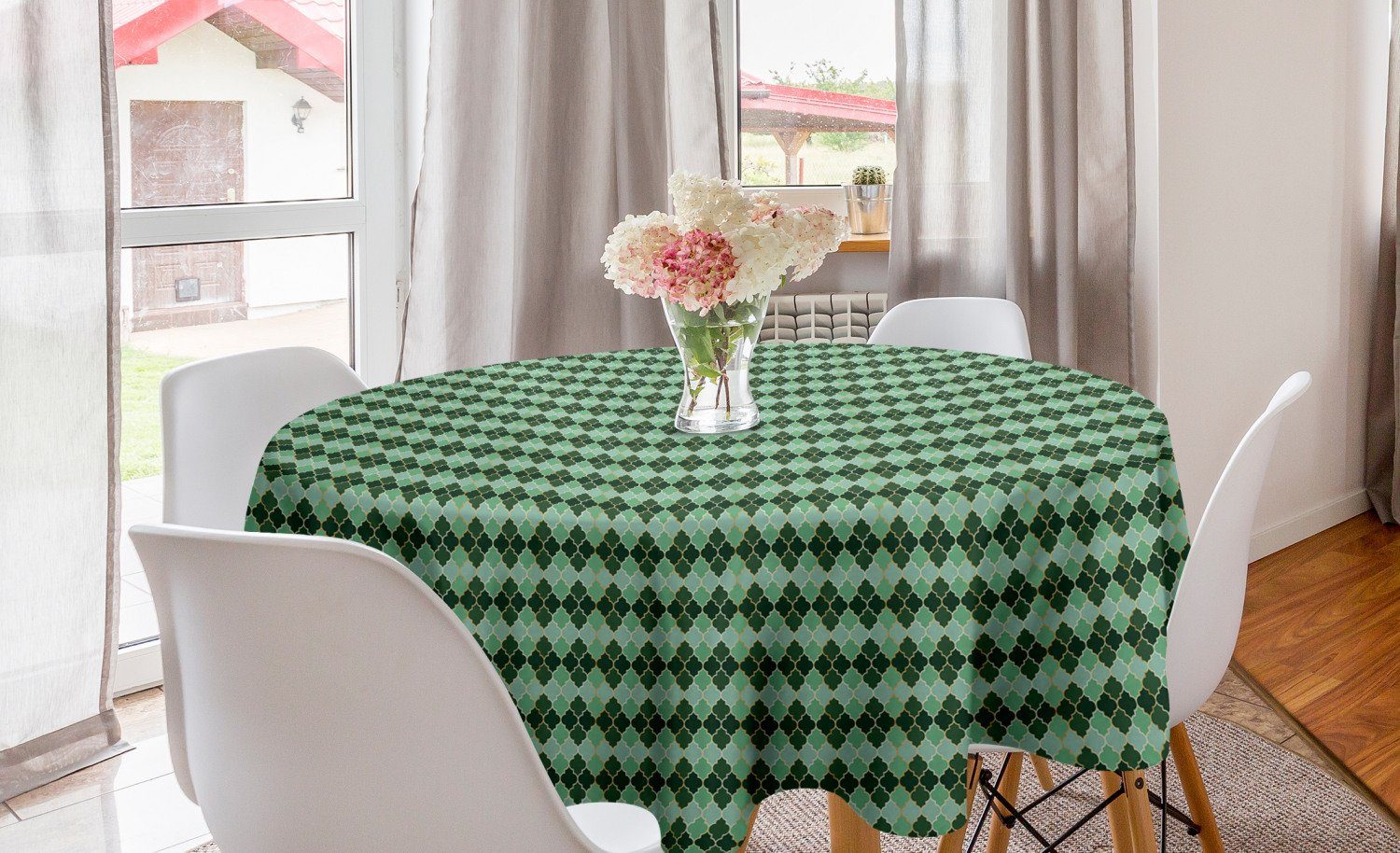 Abakuhaus Tischdecke Kreis Tischdecke Abdeckung für Esszimmer Küche Dekoration, Quatrefoil Argyle Grün-Töne Gitter