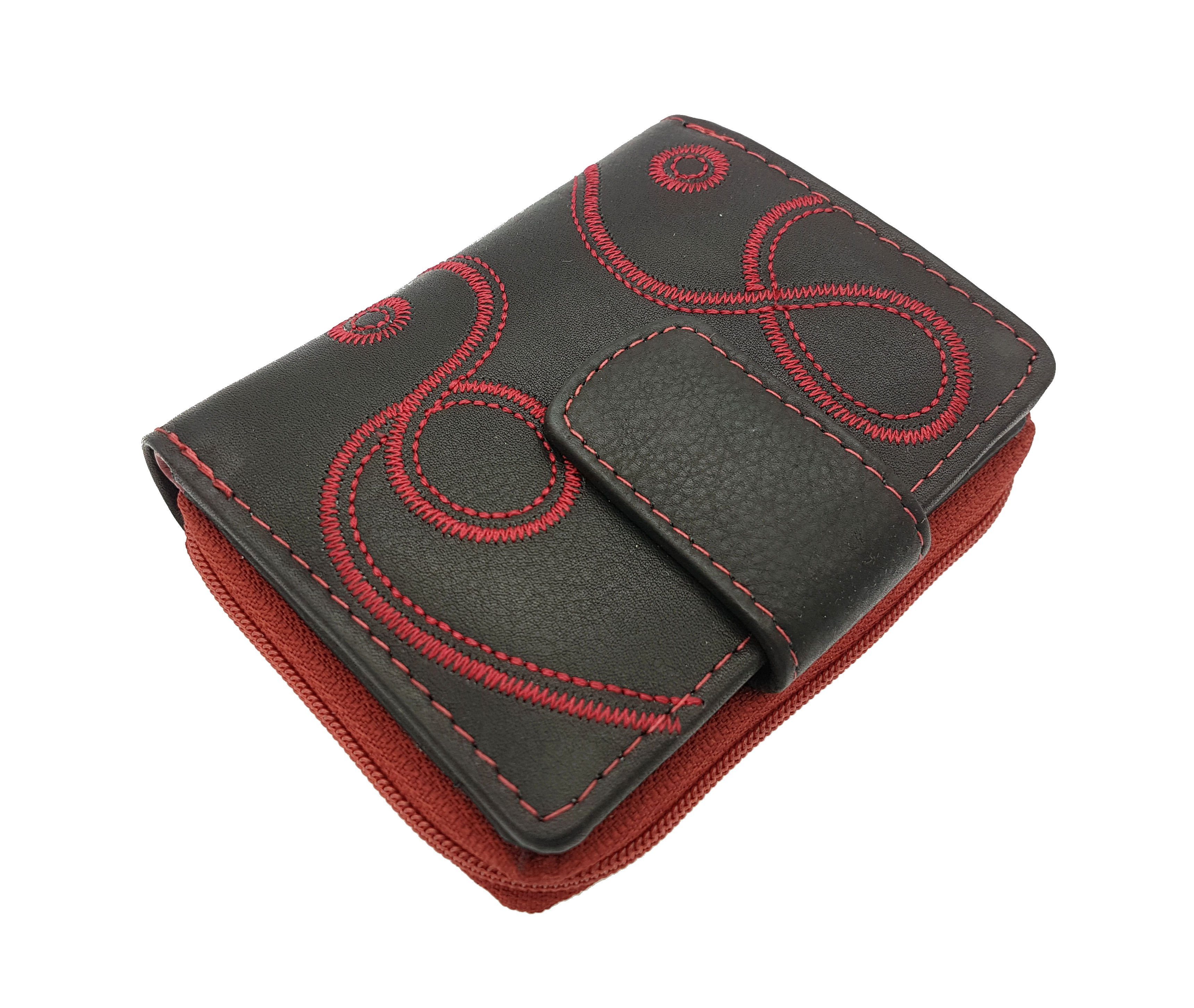 JOCKEY CLUB Mini Geldbörse kleines echt Leder Damen Portemonnaie mit RFID Schutz "Loop", mit Stickerei, Reißverschlussmünzfach Rot | Mini-Geldbörsen