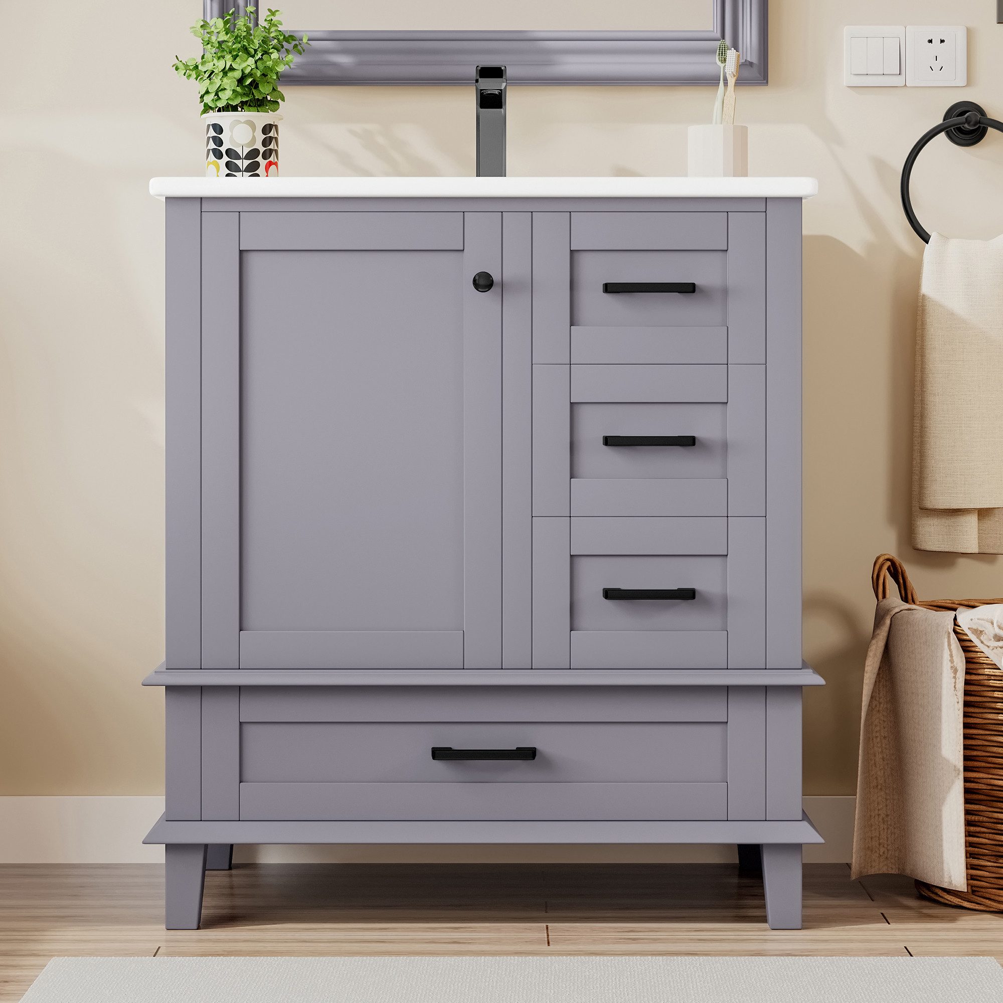 EXTSUD Badkommode Badkommode 76×46×83,5 cm – Freistehender Waschtisch mit Keramikbecken (integriertes Keramikwaschbecken), Waschtisch, Volllackierung, Türregal, drei geräuschlose Schubladen