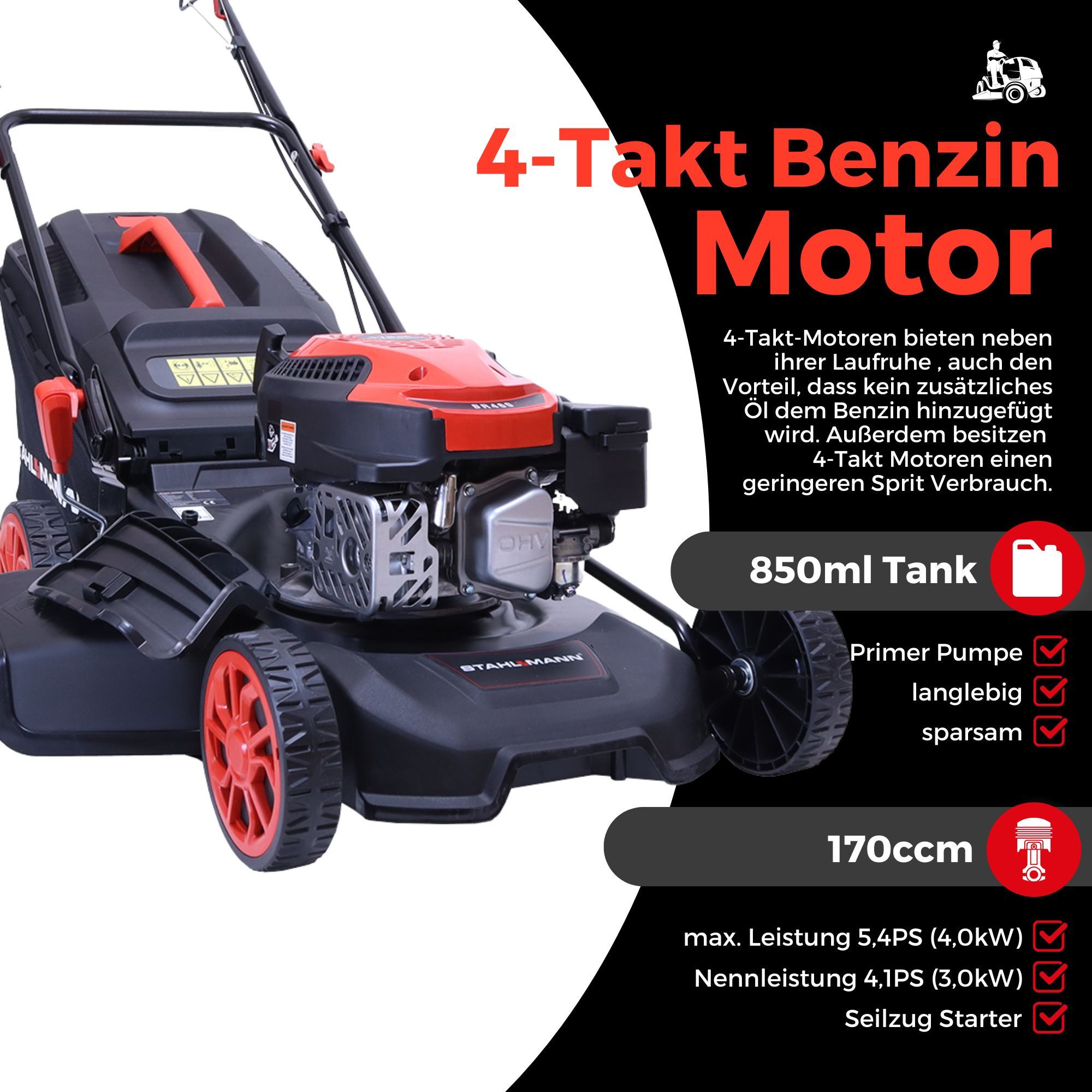 Stahlmann Petrol Lawn Mower BR460 – 5.4 HP (4.0 kW) 170 cc with drive, 46 cm cutting width, mulching, EasyClean, large wheels, 60 L grass catcher