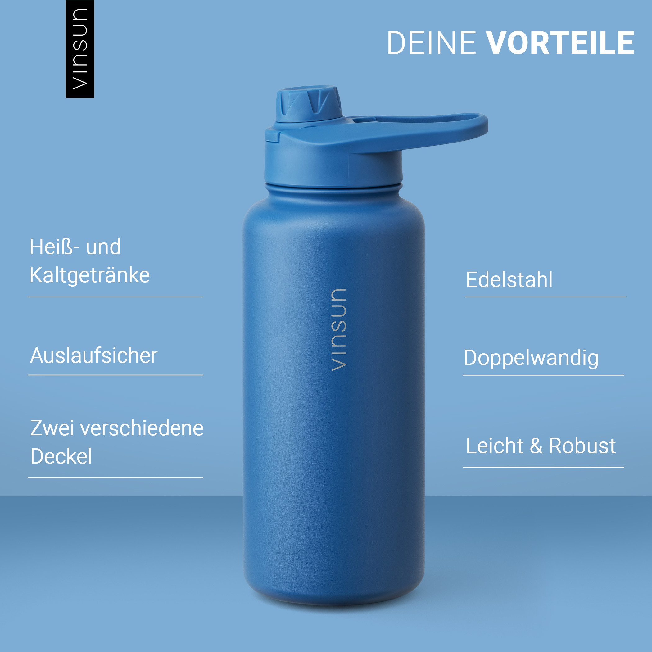 Vinsun Isolierflasche Edelstahl Trinkflasche 750ml Strohhalm - 2 Deckel Thermoflasche, BPA frei, doppelwandig, auslaufsicher, bruchsicher, geruchsneutral