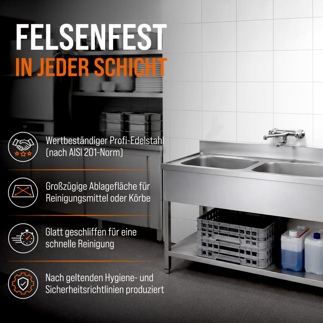 GastroHero Arbeitstisch Spültisch 160x60 cm - Edelstahl mit Becken - Gastro - Spüle
