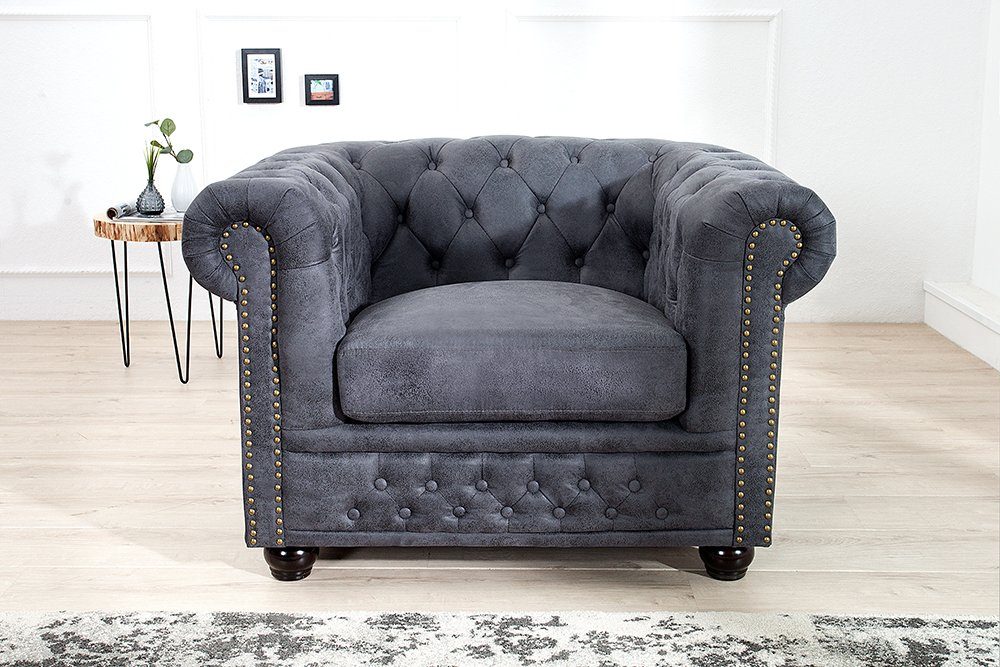 (Einzelartikel, antik Armlehne Microfaser mit Chesterfield-Sessel Wohnzimmer 105cm · Design Federkern CHESTERFIELD grau riess-ambiente 1-St), · · ·