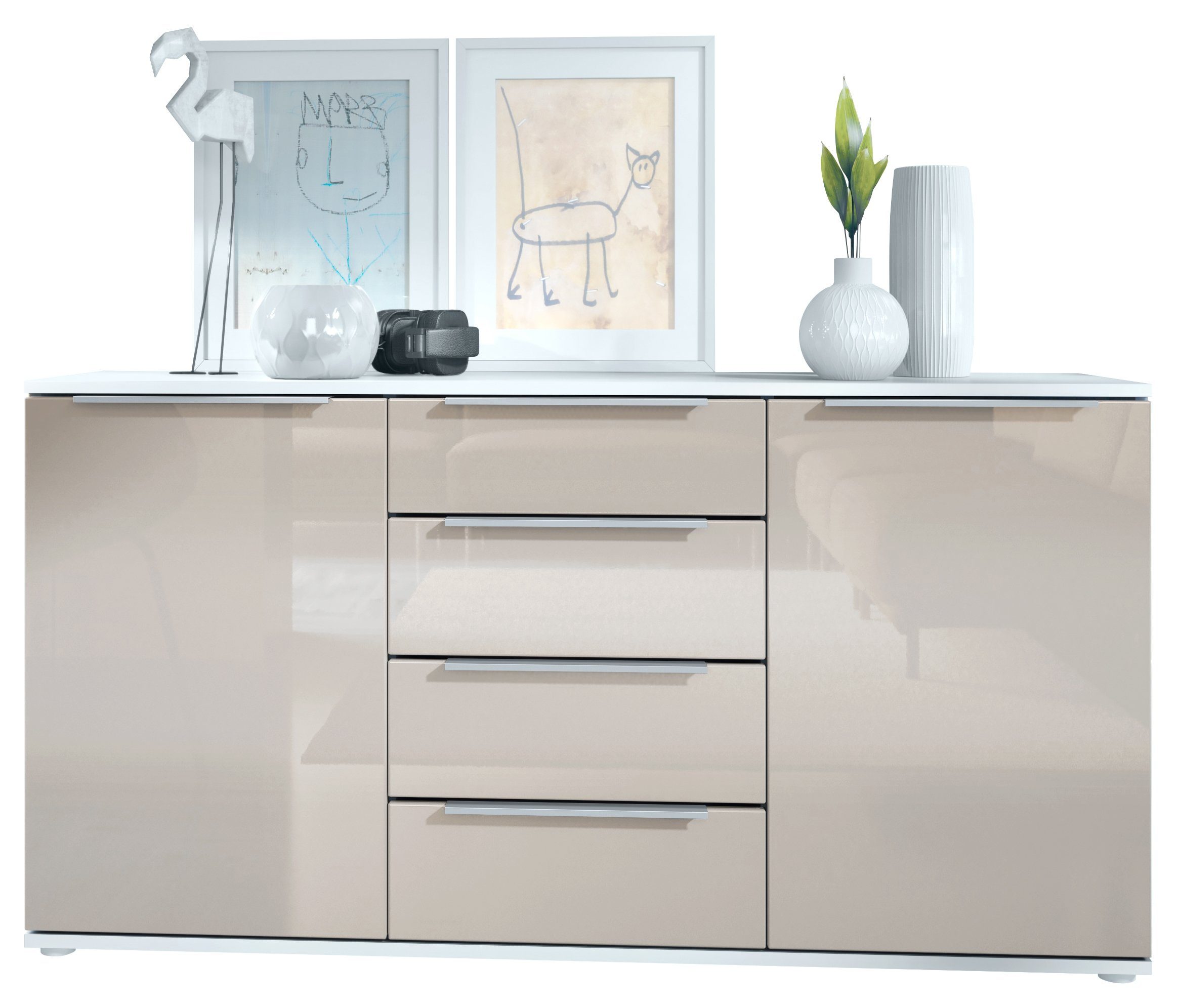 Vladon Sideboard Porto V1 (Anrichte, mit 2 Türen und 4 Schubladen), Weiß matt/Sandgrau Hochglanz (139 x 72,5 x 35 cm)