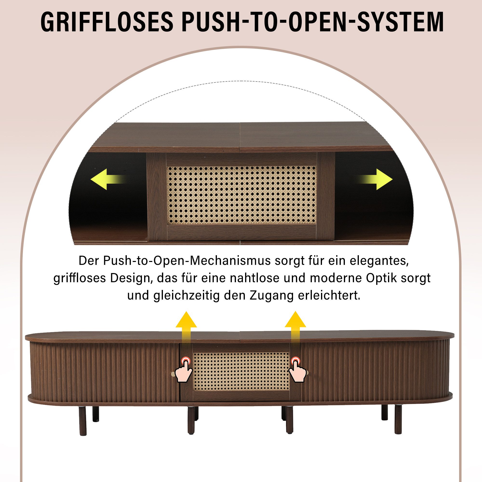 Merax Lowboard Ovaler TV-Schrank mit goldenen Griffen & Rattan-Design in Walnuss (1 St., 180x40x40 cm), TV-Lowboard mit Schublade Schiebetüren & verstellbaren Massivholzfüßen