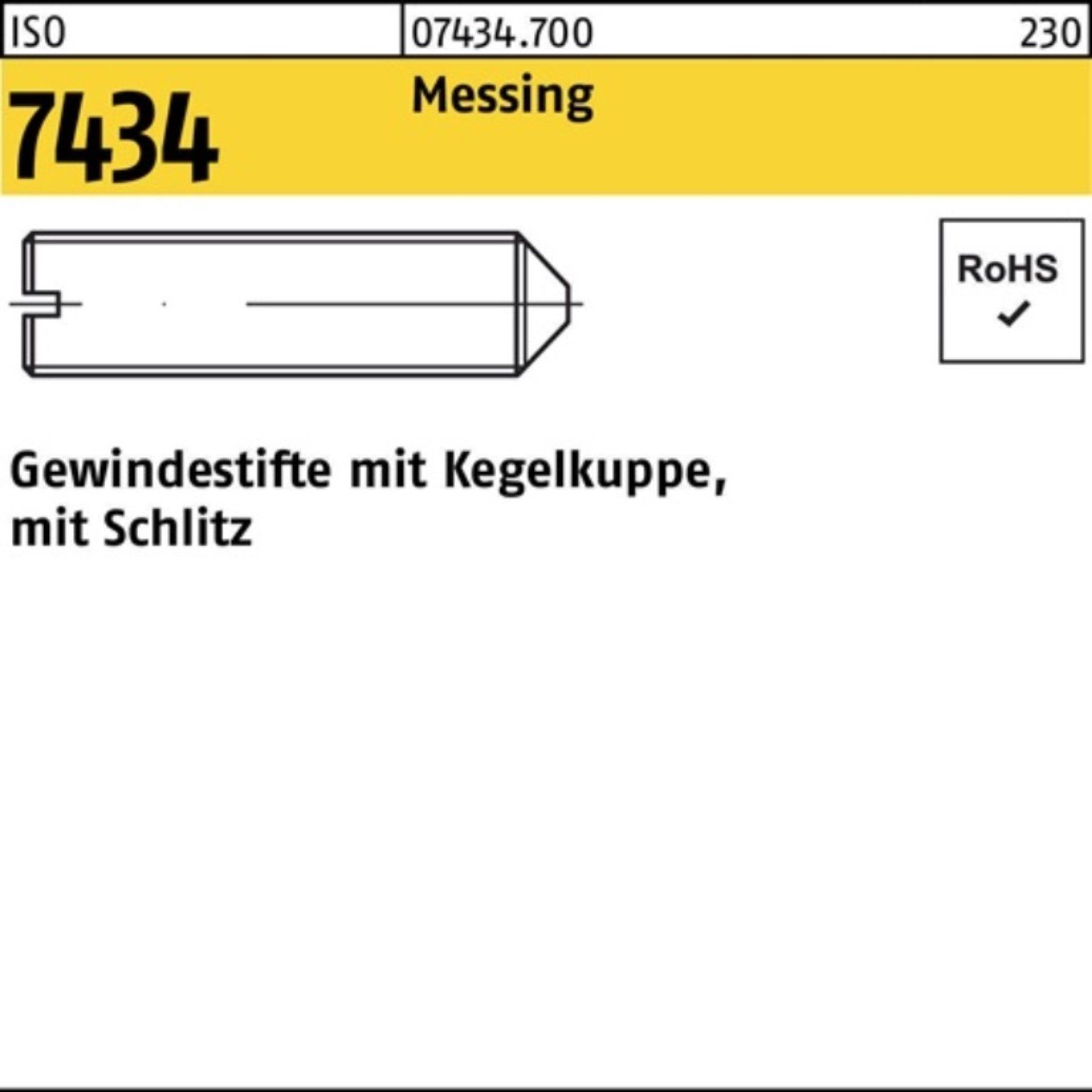 Reyher Gewindebolzen 100er Pack Gewindestift ISO 7434 Kegelkuppe/Schlitz M3x 5 Messing 100