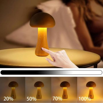 AKKEE Tischleuchte Pilz Tischlampe Holz Tischleuchte LED Dimmbar mit Touch-Schalter, Wiederaufladbare und Dimmbare, LED fest integriert, Warmweiß, USB Nachttischlampe Lampe Dekor für Wohnzimmer Restaurant Schlafzimmer